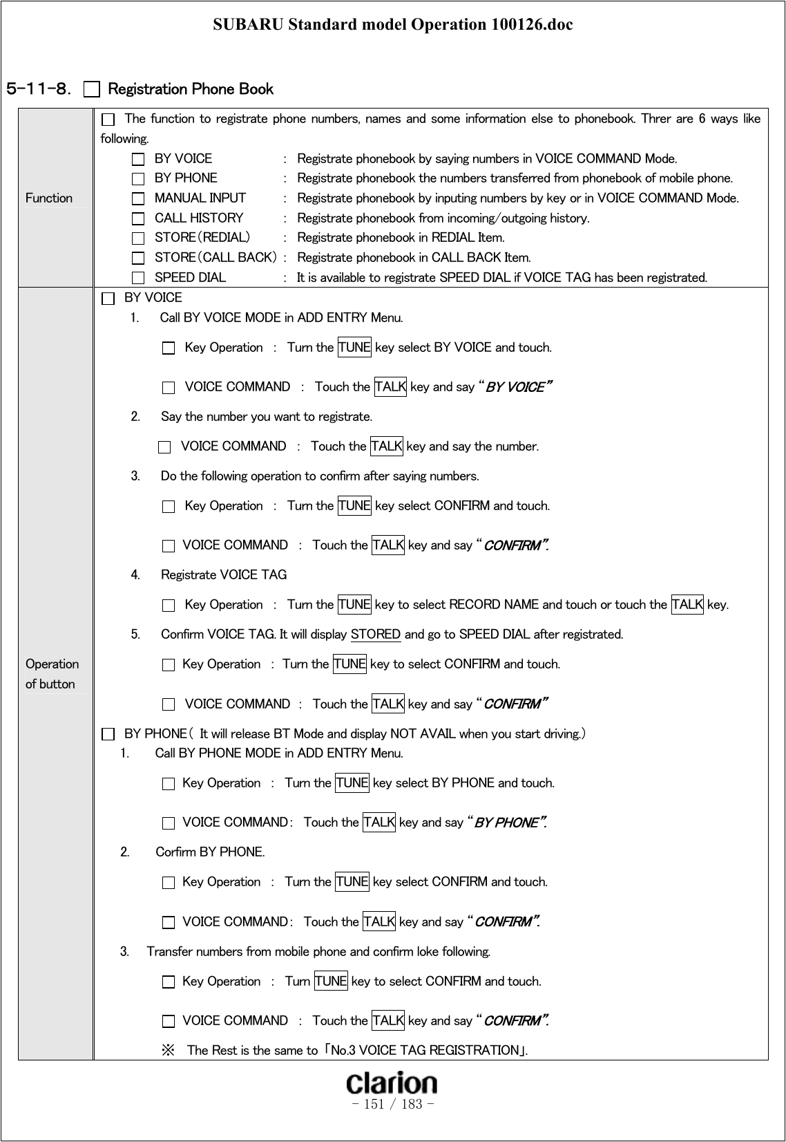 SUBARU Standard model Operation 100126.doc   - 151 / 183 -   ５-１１-８．   Registration Phone Book Function   The function to registrate phone numbers, names and  some information else to phonebook.  Threr are 6  ways like following.   BY VOICE     ：  Registrate phonebook by saying numbers in VOICE COMMAND Mode.   BY PHONE   ：  Registrate phonebook the numbers transferred from phonebook of mobile phone.   MANUAL INPUT  ：  Registrate phonebook by inputing numbers by key or in VOICE COMMAND Mode.   CALL HISTORY  ：  Registrate phonebook from incoming/outgoing history.   STORE（REDIAL)  ：  Registrate phonebook in REDIAL Item.   STORE（CALL BACK） ：  Registrate phonebook in CALL BACK Item.   SPEED DIAL  ：  It is available to registrate SPEED DIAL if VOICE TAG has been registrated. Operation of button  BY VOICE 1.  Call BY VOICE MODE in ADD ENTRY Menu.   Key Operation  ：  Turn the TUNE key select BY VOICE and touch.   VOICE COMMAND  ：  Touch the TALK key and say “BY VOICE” 2.  Say the number you want to registrate.        VOICE COMMAND  ：  Touch the TALK key and say the number. 3.  Do the following operation to confirm after saying numbers.   Key Operation  ：  Turn the TUNE key select CONFIRM and touch.   VOICE COMMAND  ：  Touch the TALK key and say “CONFIRM”. 4.  Registrate VOICE TAG   Key Operation  ：  Turn the TUNE key to select RECORD NAME and touch or touch the TALK key.   5.  Confirm VOICE TAG. It will display STORED and go to SPEED DIAL after registrated.   Key Operation  ：  Turn the TUNE key to select CONFIRM and touch.   VOICE COMMAND  ：  Touch the TALK key and say “CONFIRM”   BY PHONE（  It will release BT Mode and display NOT AVAIL when you start driving.） 1.    Call BY PHONE MODE in ADD ENTRY Menu.   Key Operation  ：  Turn the TUNE key select BY PHONE and touch.   VOICE COMMAND：  Touch the TALK key and say “BY PHONE”.    2.    Corfirm BY PHONE.   Key Operation  ：  Turn the TUNE key select CONFIRM and touch.   VOICE COMMAND：  Touch the TALK key and say “CONFIRM”. 3.    Transfer numbers from mobile phone and confirm loke following.   Key Operation  ：  Turn TUNE key to select CONFIRM and touch.   VOICE COMMAND  ：  Touch the TALK key and say “CONFIRM”. ※  The Rest is the same to  「No.3 VOICE TAG REGISTRATION」. 