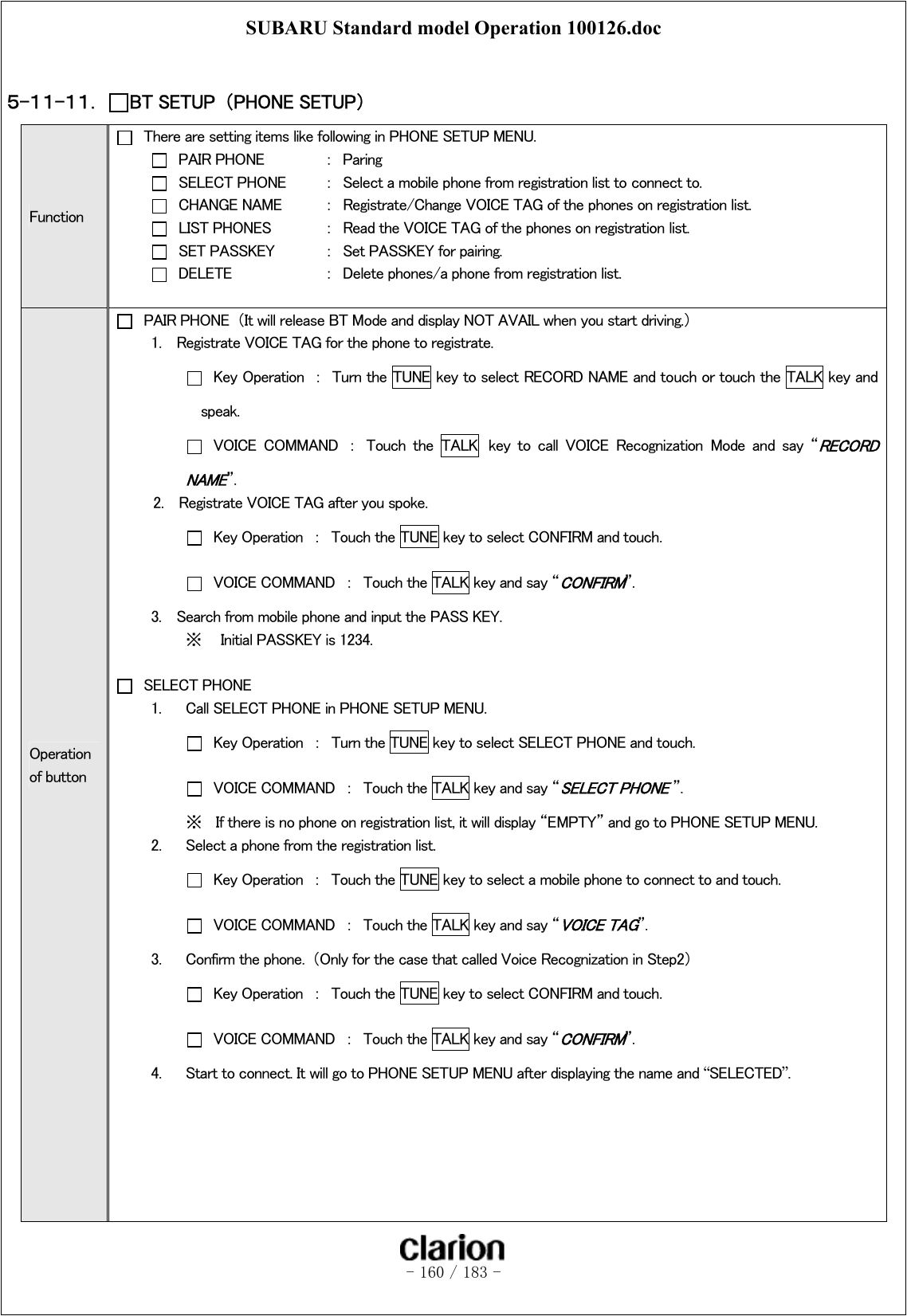 SUBARU Standard model Operation 100126.doc   - 160 / 183 -   ５-１１-１１．  BT SETUP  （PHONE SETUP） Function   There are setting items like following in PHONE SETUP MENU.   PAIR PHONE  ：  Paring   SELECT PHONE  ：  Select a mobile phone from registration list to connect to.   CHANGE NAME  ：  Registrate/Change VOICE TAG of the phones on registration list.   LIST PHONES  ：  Read the VOICE TAG of the phones on registration list.   SET PASSKEY  ：  Set PASSKEY for pairing.   DELETE    ：  Delete phones/a phone from registration list.  Operation of button  PAIR PHONE  （It will release BT Mode and display NOT AVAIL when you start driving.） 1.    Registrate VOICE TAG for the phone to registrate.   Key Operation  ：  Turn the TUNE key to select RECORD NAME and touch or touch the TALK key and speak.   VOICE  COMMAND  ：  Touch  the  TALK  key  to  call  VOICE  Recognization Mode and say “RECORD NAME”. 2.    Registrate VOICE TAG after you spoke.   Key Operation  ：  Touch the TUNE key to select CONFIRM and touch.   VOICE COMMAND  ：  Touch the TALK key and say “CONFIRM”. 3.    Search from mobile phone and input the PASS KEY. ※  Initial PASSKEY is 1234.    SELECT PHONE 1.  Call SELECT PHONE in PHONE SETUP MENU.   Key Operation  ：  Turn the TUNE key to select SELECT PHONE and touch.   VOICE COMMAND  ：  Touch the TALK key and say “SELECT PHONE ”. ※  If there is no phone on registration list, it will display “EMPTY” and go to PHONE SETUP MENU. 2.  Select a phone from the registration list.   Key Operation  ：  Touch the TUNE key to select a mobile phone to connect to and touch.   VOICE COMMAND  ：  Touch the TALK key and say “VOICE TAG”.   3.  Confirm the phone.  （Only for the case that called Voice Recognization in Step2）   Key Operation  ：  Touch the TUNE key to select CONFIRM and touch.   VOICE COMMAND  ：  Touch the TALK key and say “CONFIRM”. 4.  Start to connect. It will go to PHONE SETUP MENU after displaying the name and “SELECTED”.       