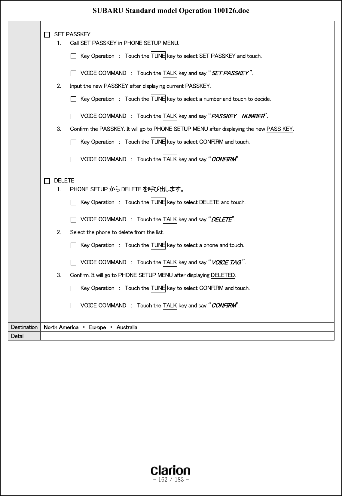 SUBARU Standard model Operation 100126.doc   - 162 / 183 -     SET PASSKEY 1.  Call SET PASSKEY in PHONE SETUP MENU.   Key Operation  ：  Touch the TUNE key to select SET PASSKEY and touch.     VOICE COMMAND  ：  Touch the TALK key and say “SET PASSKEY ”. 2.  Input the new PASSKEY after displaying current PASSKEY.   Key Operation  ：  Touch the TUNE key to select a number and touch to decide.   VOICE COMMAND  ：  Touch the TALK key and say “PASSKEY    NUMBER”. 3.  Confirm the PASSKEY. It will go to PHONE SETUP MENU after displaying the new PASS KEY.   Key Operation  ：  Touch the TUNE key to select CONFIRM and touch.   VOICE COMMAND  ：  Touch the TALK key and say “CONFIRM”.    DELETE 1.  PHONE SETUP から DELETE を呼び出します。   Key Operation  ：  Touch the TUNE key to select DELETE and touch.   VOICE COMMAND  ：  Touch the TALK key and say “DELETE”.   2.  Select the phone to delete from the list.   Key Operation  ：  Touch the TUNE key to select a phone and touch.   VOICE COMMAND  ：  Touch the TALK key and say “VOICE TAG ”. 3.  Confirm. It will go to PHONE SETUP MENU after displaying DELETED.   Key Operation  ：  Touch the TUNE key to select CONFIRM and touch.   VOICE COMMAND  ：  Touch the TALK key and say “CONFIRM”.  Destination  North America  ・  Europe  ・  Australia Detail   