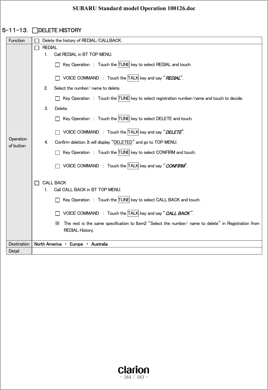 SUBARU Standard model Operation 100126.doc   - 164 / 183 -   ５-１１-１３．  DELETE HISTORY Function    Delete the history of REDIAL/CALLBACK. Operation of button  REDIAL 1.   Call REDIAL in BT TOP MENU.   Key Operation  ：  Touch the TUNE key to select REDIAL and touch.   VOICE COMMAND  ：  Touch the TALK key and say “REDIAL”.   2.      Select the number/ name to delete.   Key Operation  ：  Touch the TUNE key to select registration number/name and touch to decide. 3.  Delete.   Key Operation  ：  Touch the TUNE key to select DELETE and touch.   VOICE COMMAND  ：  Touch the TALK key and say “DELETE”.   4.  Confirm deletion. It will display “DELETED” and go to TOP MENU.   Key Operation  ：  Touch the TUNE key to select CONFIRM and touch.   VOICE COMMAND  ：  Touch the TALK key and say “CONFIRM”.   CALL BACK 1.   Call CALL BACK in BT TOP MENU.    Key Operation  ：  Touch the TUNE key to select CALL BACK and touch.   VOICE COMMAND  ：  Touch the TALK key and say “CALL BACK ”. ※  The rest is the same specification to Item2 “Select  the number/ name to delete” in Registration from REDIAL History.  Destination  North America  ・  Europe  ・  Australia Detail     