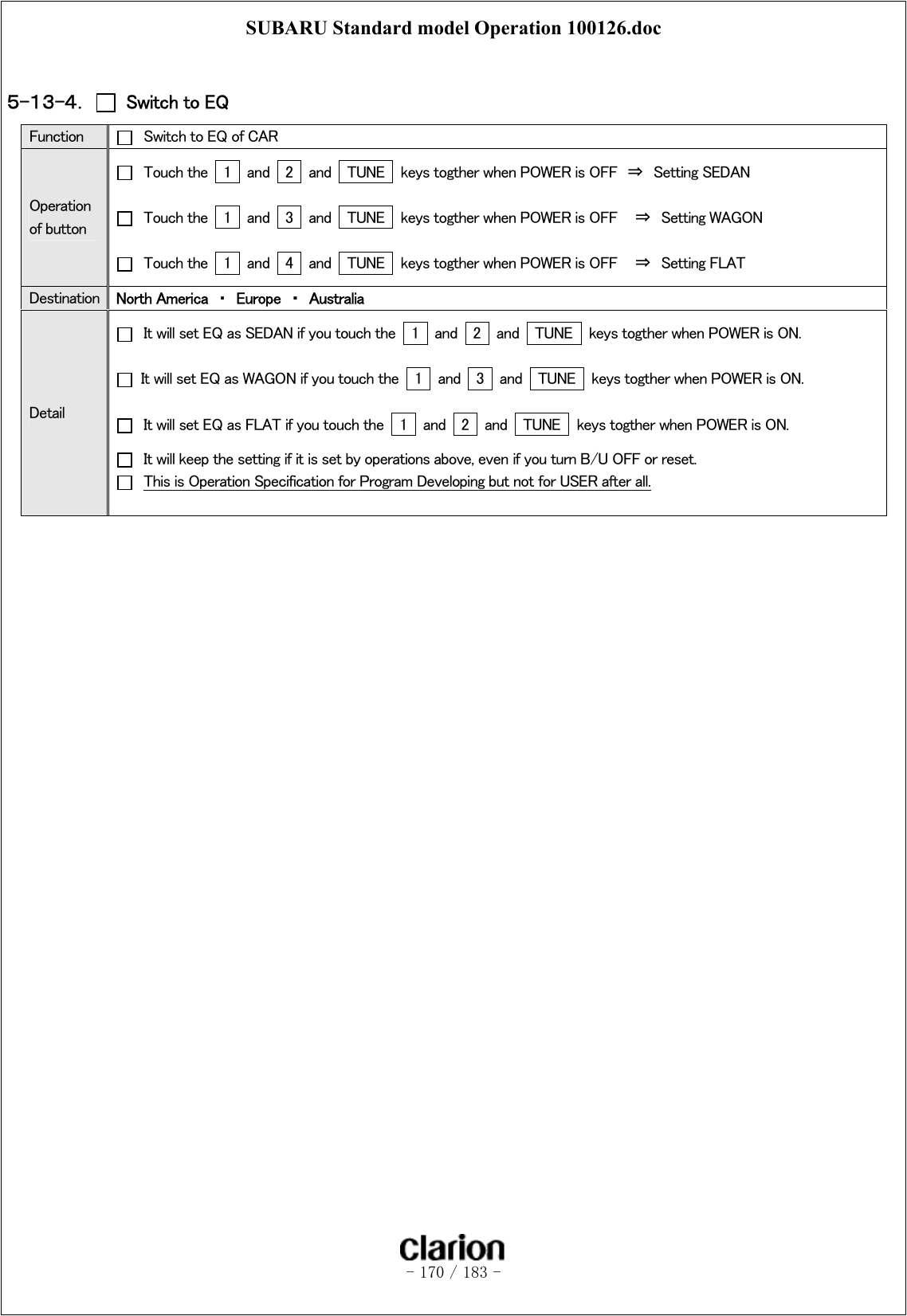 SUBARU Standard model Operation 100126.doc   - 170 / 183 -   ５-１３-４．    Switch to EQ    Function   Switch to EQ of CAR Operation of button   Touch the    1    and    2    and    TUNE    keys togther when POWER is OFF  ⇒  Setting SEDAN   Touch the    1    and    3    and    TUNE    keys togther when POWER is OFF  ⇒ Setting WAGON   Touch the    1    and    4    and    TUNE    keys togther when POWER is OFF  ⇒ Setting FLAT Destination  North America  ・  Europe  ・  Australia Detail   It will set EQ as SEDAN if you touch the    1    and    2    and    TUNE    keys togther when POWER is ON.   It will set EQ as WAGON if you touch the    1    and    3    and    TUNE    keys togther when POWER is ON.   It will set EQ as FLAT if you touch the    1    and    2    and    TUNE    keys togther when POWER is ON.   It will keep the setting if it is set by operations above, even if you turn B/U OFF or reset.   This is Operation Specification for Program Developing but not for USER after all.  