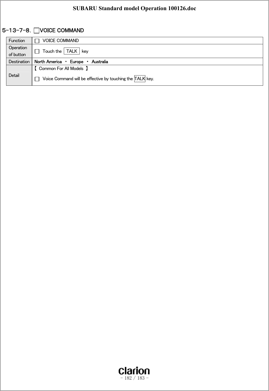 SUBARU Standard model Operation 100126.doc   - 182 / 183 -   ５-１３-７-８．  VOICE COMMAND    Function   VOICE COMMAND Operation of button    Touch the    TALK    key Destination  North America  ・  Europe  ・  Australia Detail 【  Common For All Models  】   Voice Command will be effective by touching the TALK key. 