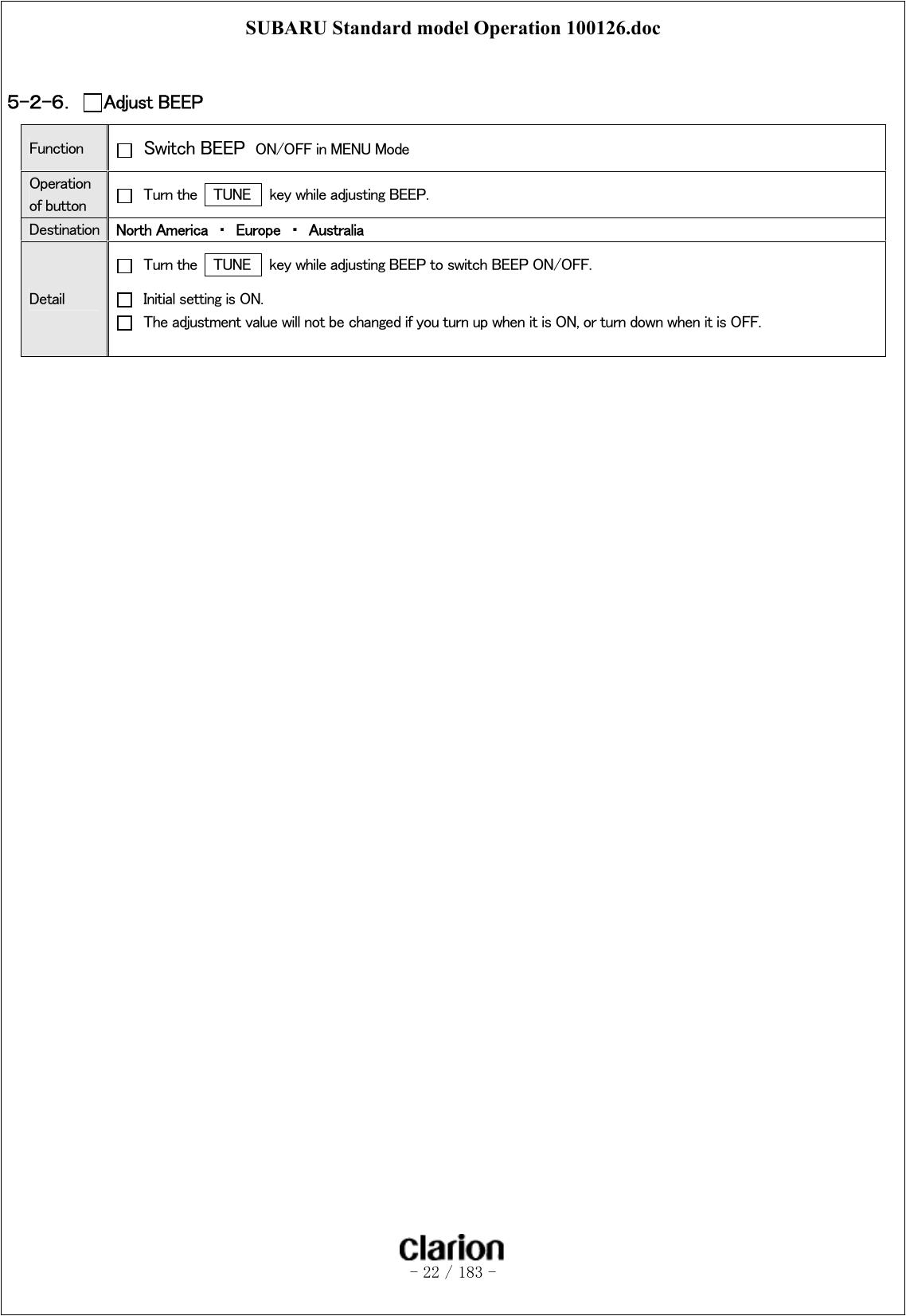 SUBARU Standard model Operation 100126.doc   - 22 / 183 -   ５-２-６．  Adjust BEEP   Function   Switch BEEP  ON/OFF in MENU Mode Operation of button    Turn the   TUNE    key while adjusting BEEP. Destination  North America  ・  Europe  ・  Australia Detail   Turn the   TUNE    key while adjusting BEEP to switch BEEP ON/OFF.   Initial setting is ON.   The adjustment value will not be changed if you turn up when it is ON, or turn down when it is OFF.   