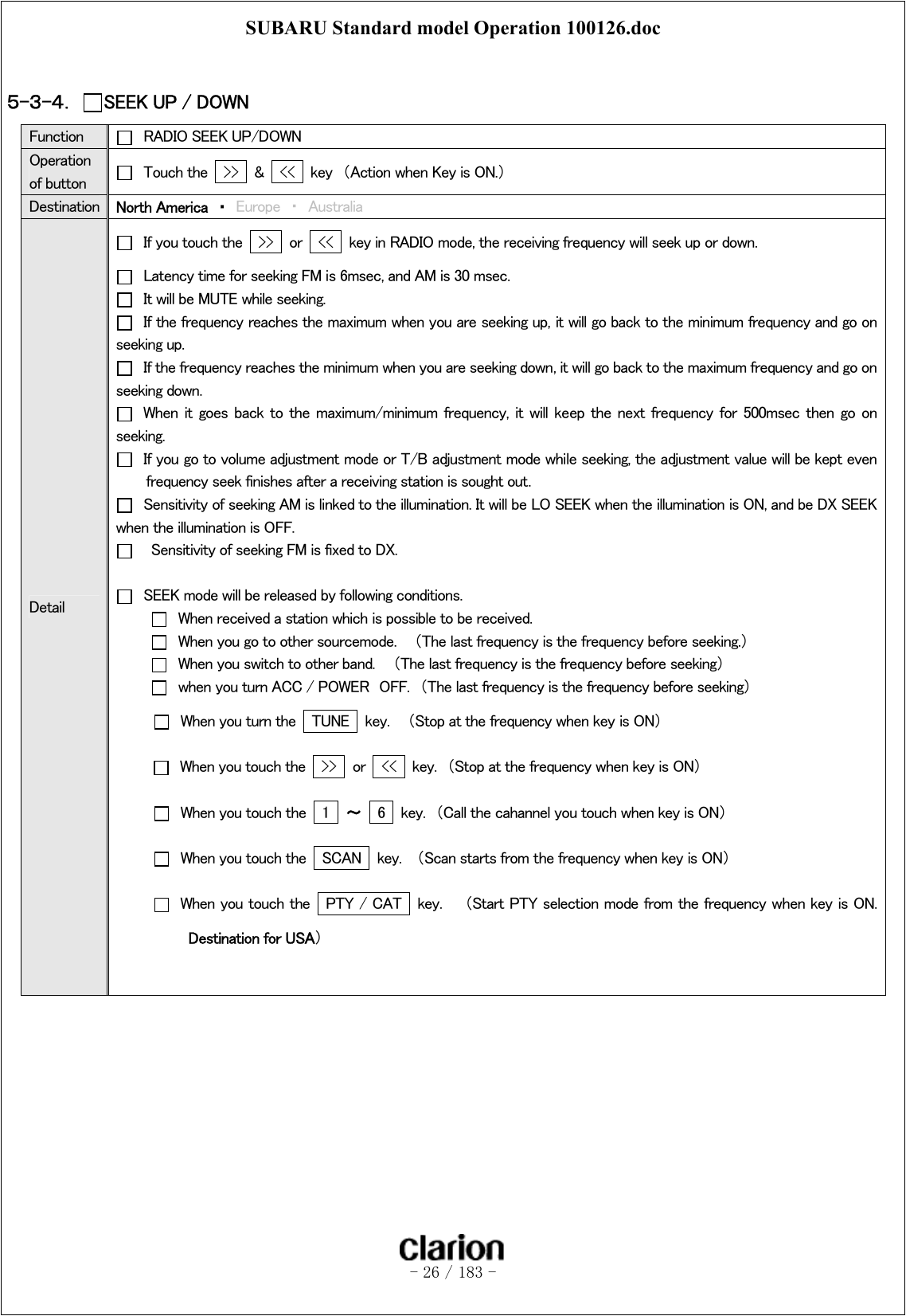 SUBARU Standard model Operation 100126.doc   - 26 / 183 -   ５-３-４．  SEEK UP / DOWN Function    RADIO SEEK UP/DOWN Operation of button    Touch the    &gt;&gt;   &amp;    &lt;&lt;    key  （Action when Key is ON.） Destination  North America  ・  Europe  ・  Australia Detail   If you touch the   &gt;&gt;   or    &lt;&lt;    key in RADIO mode, the receiving frequency will seek up or down.   Latency time for seeking FM is 6msec, and AM is 30 msec.   It will be MUTE while seeking.   If the frequency reaches the maximum when you are seeking up, it will go back to the minimum frequency and go on seeking up.   If the frequency reaches the minimum when you are seeking down, it will go back to the maximum frequency and go on seeking down.   When  it goes back  to  the  maximum/minimum  frequency,  it  will  keep  the  next  frequency  for  500msec  then  go on seeking.   If you go to volume adjustment mode or T/B adjustment mode while seeking, the adjustment value will be kept even frequency seek finishes after a receiving station is sought out.   Sensitivity of seeking AM is linked to the illumination. It will be LO SEEK when the illumination is ON, and be DX SEEK when the illumination is OFF.     Sensitivity of seeking FM is fixed to DX.    SEEK mode will be released by following conditions.   When received a station which is possible to be received.   When you go to other sourcemode.    （The last frequency is the frequency before seeking.）   When you switch to other band.    （The last frequency is the frequency before seeking）   when you turn ACC / POWER  OFF.  （The last frequency is the frequency before seeking）   When you turn the    TUNE    key.    （Stop at the frequency when key is ON）   When you touch the    &gt;&gt;  or  &lt;&lt;   key.  （Stop at the frequency when key is ON）   When you touch the    1  ～  6    key.  （Call the cahannel you touch when key is ON）   When you touch the    SCAN   key.    （Scan starts from the frequency when key is ON）   When you touch the    PTY / CAT  key.   （Start PTY selection mode from the frequency when key is ON. Destination for USA）     