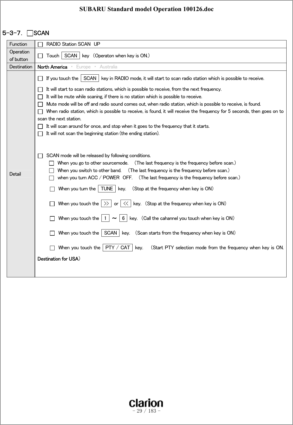 SUBARU Standard model Operation 100126.doc   - 29 / 183 -   ５-３-７．  SCAN Function    RADIO Station SCAN  UP Operation of button    Touch    SCAN    key  （Operaton when key is ON.） Destination  North America ・ Europe ・ Australia Detail   If you touch the    SCAN    key in RADIO mode, it will start to scan radio station which is possible to receive.   It will start to scan radio stations, which is possible to receive, from the next frequency.   It will be mute while scaning, if there is no station which is possible to receive.   Mute mode will be off and radio sound comes out, when radio station, which is possible to receive, is found.   When radio station, which is possible to receive, is found, it will receive the frequency for 5 seconds, then goes on to scan the next station.   It will scan around for once, and stop when it goes to the frequency that it starts.   It will not scan the beginning station (the ending station).     SCAN mode will be released by following conditions.   When you go to other sourcemode.    （The last frequency is the frequency before scan.）   When you switch to other band.  （The last frequency is the frequency before scan.）   when you turn ACC / POWER  OFF.    （The last frequency is the frequency before scan.）   When you turn the    TUNE    key.    （Stop at the frequency when key is ON）   When you touch the    &gt;&gt;  or  &lt;&lt;   key.  （Stop at the frequency when key is ON）   When you touch the    1  ～  6    key.  （Call the cahannel you touch when key is ON）   When you touch the    SCAN   key.    （Scan starts from the frequency when key is ON）   When you touch the    PTY / CAT  key.   （Start PTY selection mode from the frequency when key is ON. Destination for USA）      