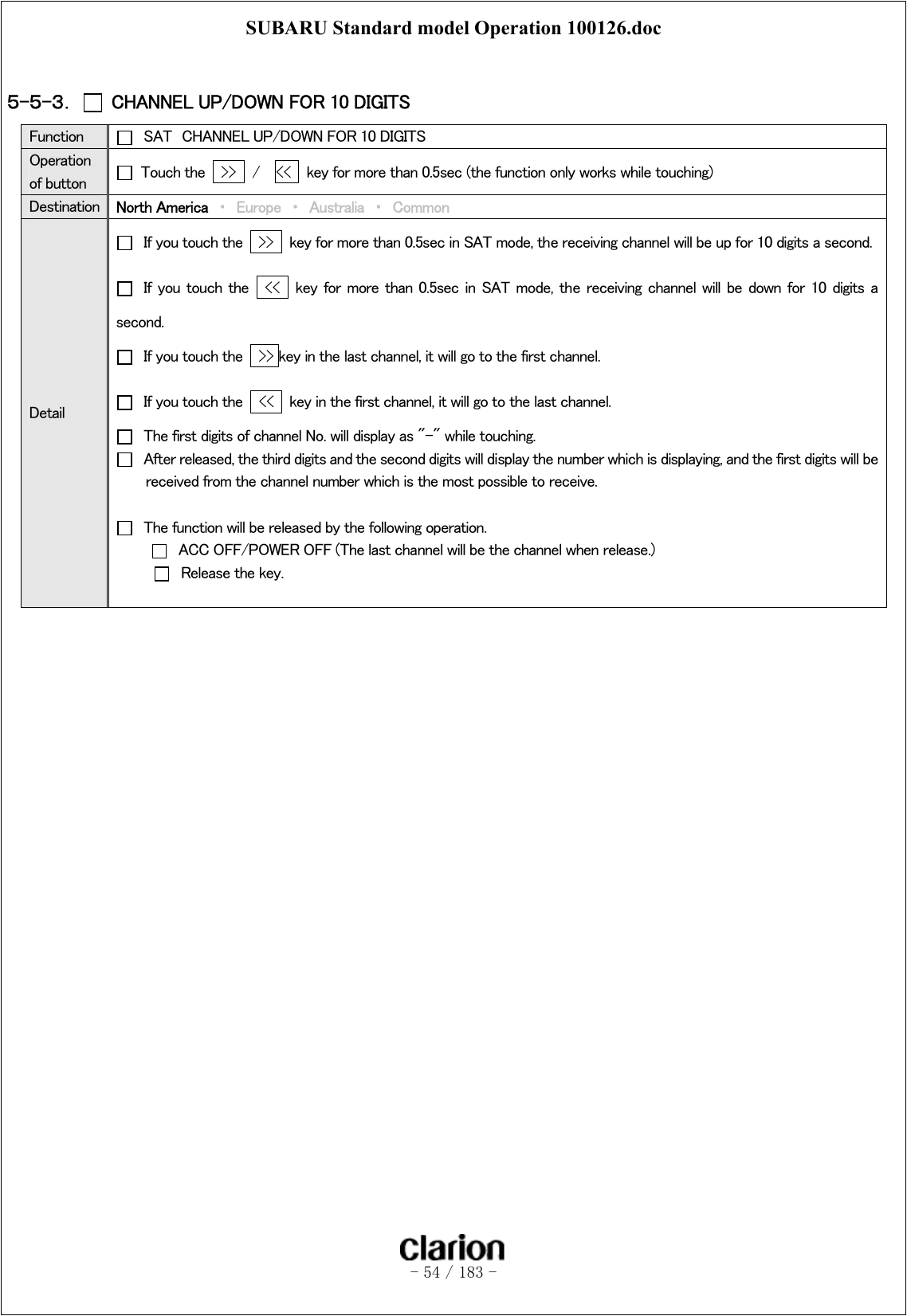 SUBARU Standard model Operation 100126.doc   - 54 / 183 -   ５-５-３．   CHANNEL UP/DOWN FOR 10 DIGITS Function    SAT  CHANNEL UP/DOWN FOR 10 DIGITS Operation of button    Touch the    &gt;&gt;   /    &lt;&lt;    key for more than 0.5sec (the function only works while touching) Destination  North America  ・ Europe ・ Australia ・ Common Detail   If you touch the    &gt;&gt;    key for more than 0.5sec in SAT mode, the receiving channel will be up for 10 digits a second.   If  you touch the    &lt;&lt;    key  for  more than 0.5sec in SAT mode, the  receiving channel  will be  down for 10  digits a second.   If you touch the    &gt;&gt; key in the last channel, it will go to the first channel.   If you touch the    &lt;&lt;    key in the first channel, it will go to the last channel.   The first digits of channel No. will display as &quot;-&quot; while touching.   After released, the third digits and the second digits will display the number which is displaying, and the first digits will be received from the channel number which is the most possible to receive.    The function will be released by the following operation.   ACC OFF/POWER OFF (The last channel will be the channel when release.)   Release the key.    