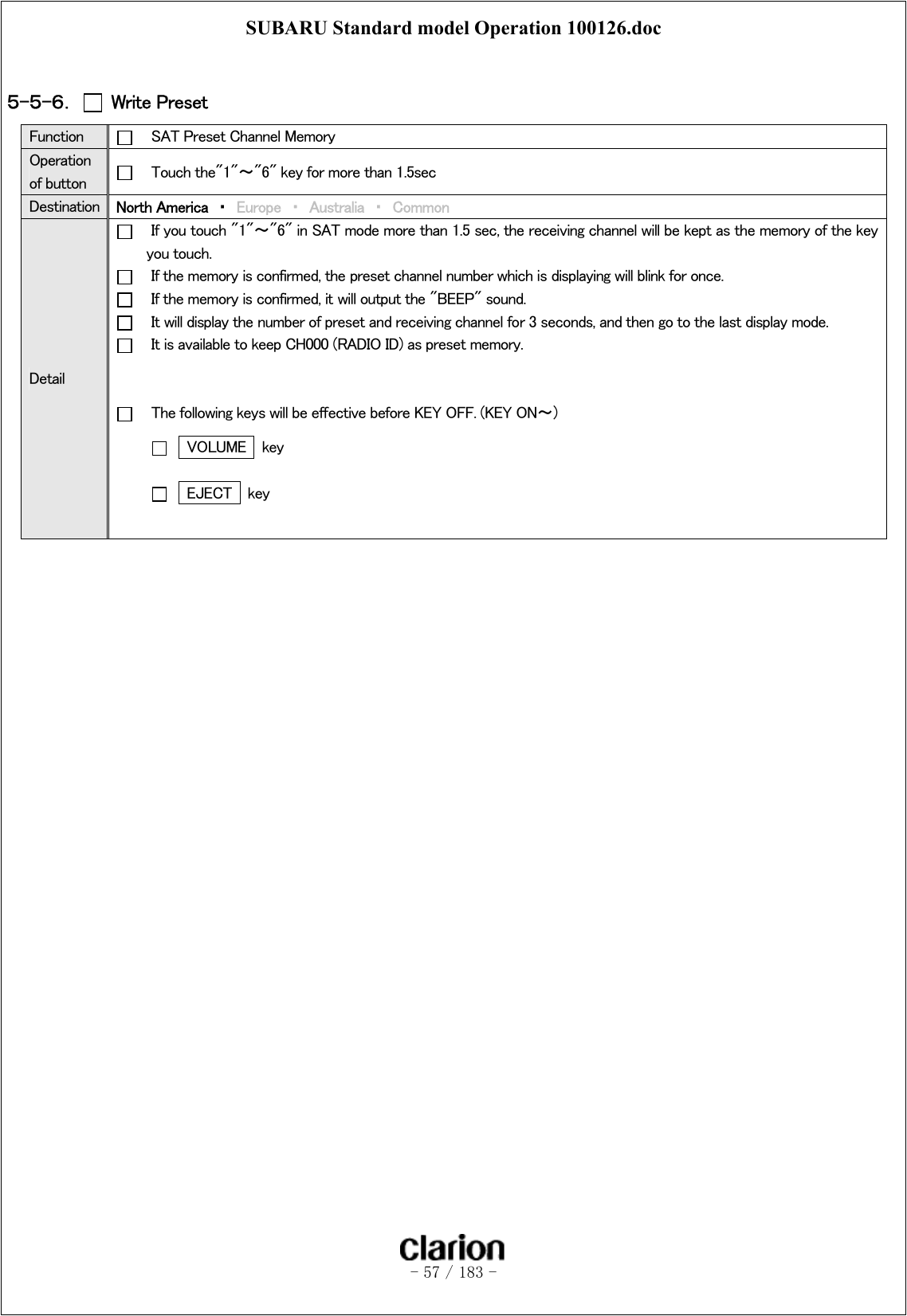 SUBARU Standard model Operation 100126.doc   - 57 / 183 -   ５-５-６．   Write Preset Function      SAT Preset Channel Memory Operation of button      Touch the&quot;1&quot;～&quot;6&quot; key for more than 1.5sec Destination  North America  ・  Europe ・ Australia ・ Common Detail     If you touch &quot;1&quot;～&quot;6&quot; in SAT mode more than 1.5 sec, the receiving channel will be kept as the memory of the key you touch.     If the memory is confirmed, the preset channel number which is displaying will blink for once.     If the memory is confirmed, it will output the &quot;BEEP&quot; sound.     It will display the number of preset and receiving channel for 3 seconds, and then go to the last display mode.     It is available to keep CH000 (RADIO ID) as preset memory.       The following keys will be effective before KEY OFF. (KEY ON～)   VOLUME  key     EJECT    key   