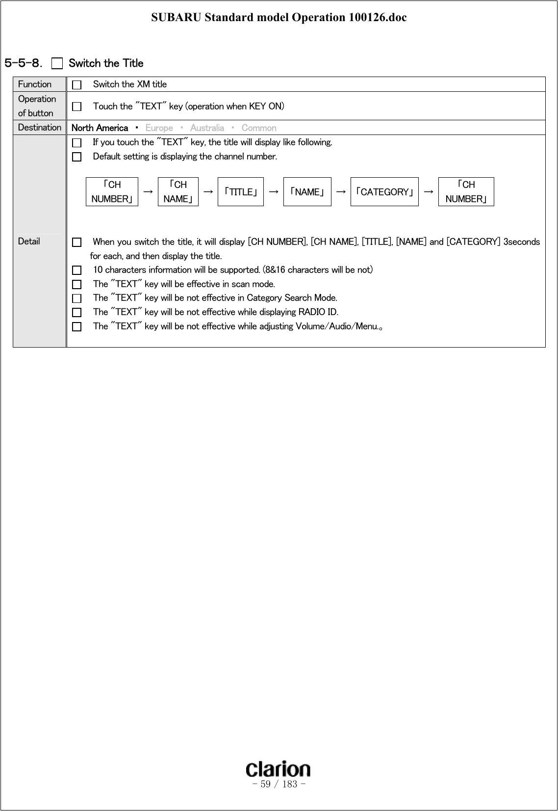 SUBARU Standard model Operation 100126.doc   - 59 / 183 -   ５-５-８．   Switch the Title   Function      Switch the XM title Operation of button      Touch the &quot;TEXT&quot; key (operation when KEY ON) Destination  North America  ・  Europe ・ Australia ・ Common Detail     If you touch the &quot;TEXT&quot; key, the title will display like following.     Default setting is displaying the channel number.  「CH NUMBER」  →  「CH NAME」  →  「TITLE」  →  「NAME」  →  「CATEGORY」  →  「CH NUMBER」       When you switch the title, it will display [CH NUMBER], [CH NAME], [TITLE], [NAME] and [CATEGORY] 3seconds for each, and then display the title.     10 characters information will be supported. (8&amp;16 characters will be not)     The &quot;TEXT&quot; key will be effective in scan mode.     The &quot;TEXT&quot; key will be not effective in Category Search Mode.     The &quot;TEXT&quot; key will be not effective while displaying RADIO ID.     The &quot;TEXT&quot; key will be not effective while adjusting Volume/Audio/Menu.。   