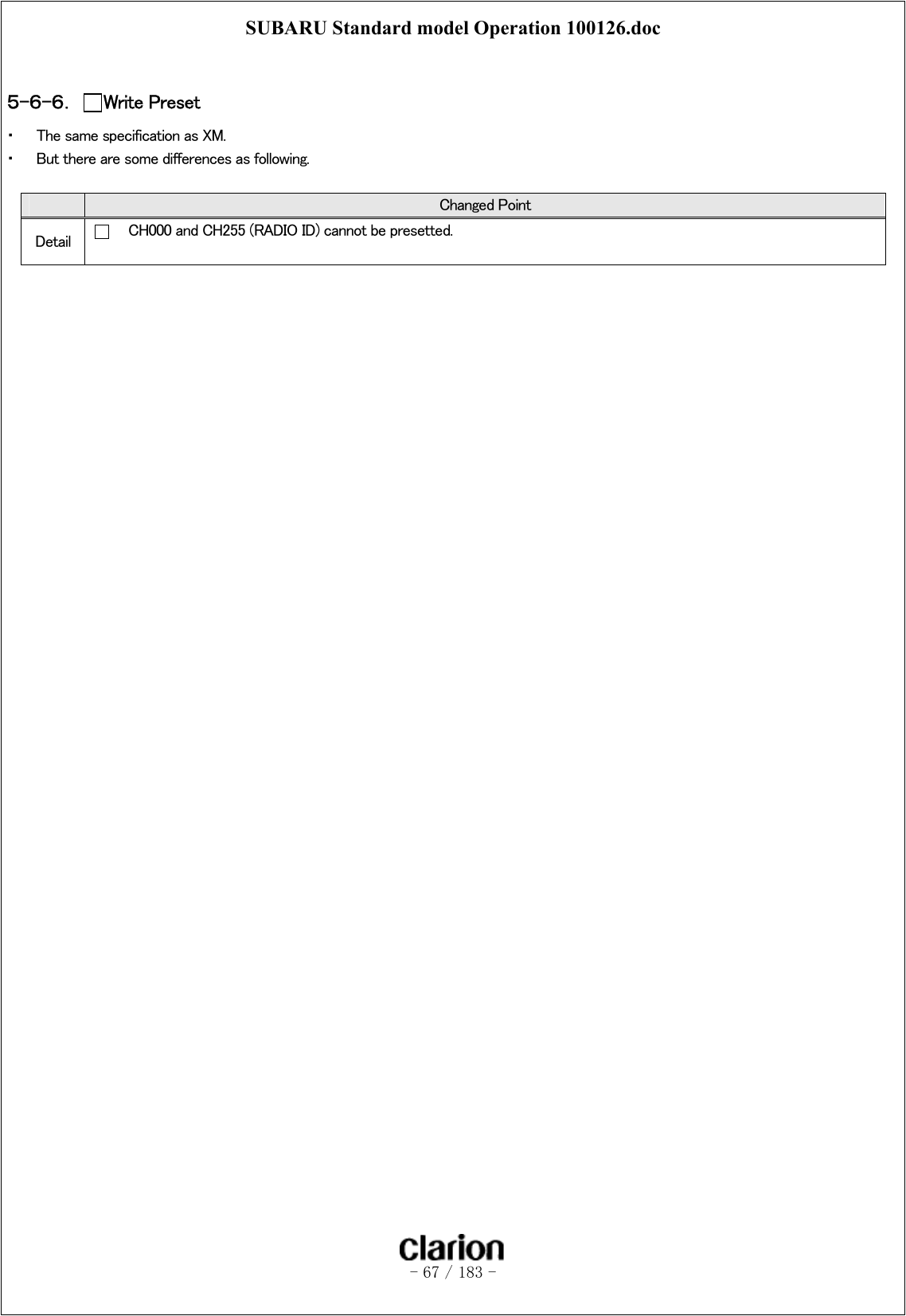 SUBARU Standard model Operation 100126.doc   - 67 / 183 -   ５-６-６．  Write Preset ・  The same specification as XM. ・  But there are some differences as following.   Changed Point Detail      CH000 and CH255 (RADIO ID) cannot be presetted.  