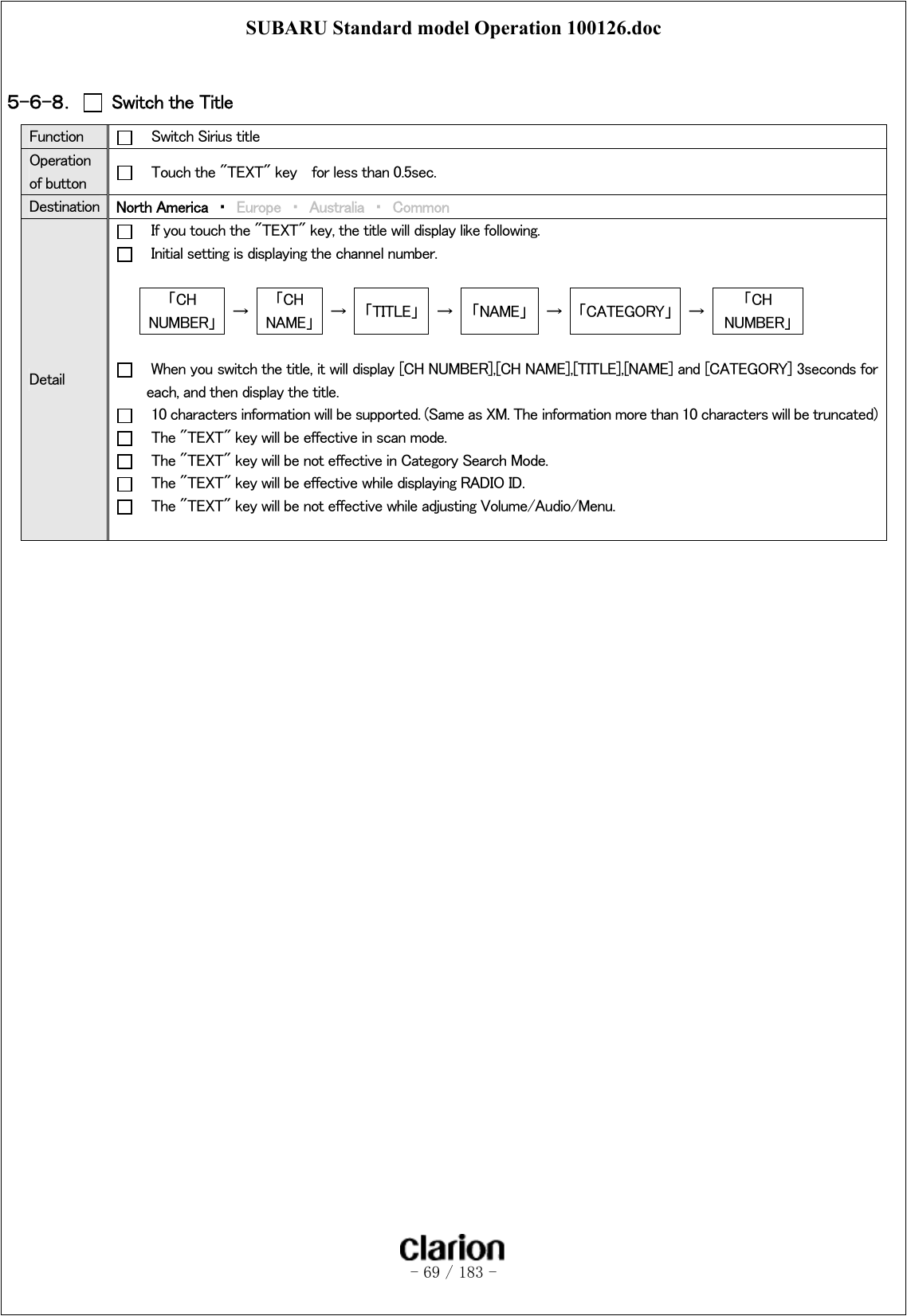 SUBARU Standard model Operation 100126.doc   - 69 / 183 -   ５-６-８．   Switch the Title   Function      Switch Sirius title Operation of button      Touch the &quot;TEXT&quot; key    for less than 0.5sec. Destination  North America  ・  Europe ・ Australia ・ Common Detail     If you touch the &quot;TEXT&quot; key, the title will display like following.     Initial setting is displaying the channel number.  「CH NUMBER」  →  「CH NAME」  →  「TITLE」  →  「NAME」  →  「CATEGORY」  →  「CH NUMBER」      When you switch the title, it will display [CH NUMBER],[CH NAME],[TITLE],[NAME] and [CATEGORY] 3seconds for each, and then display the title.     10 characters information will be supported. (Same as XM. The information more than 10 characters will be truncated)     The &quot;TEXT&quot; key will be effective in scan mode.     The &quot;TEXT&quot; key will be not effective in Category Search Mode.     The &quot;TEXT&quot; key will be effective while displaying RADIO ID.     The &quot;TEXT&quot; key will be not effective while adjusting Volume/Audio/Menu.    