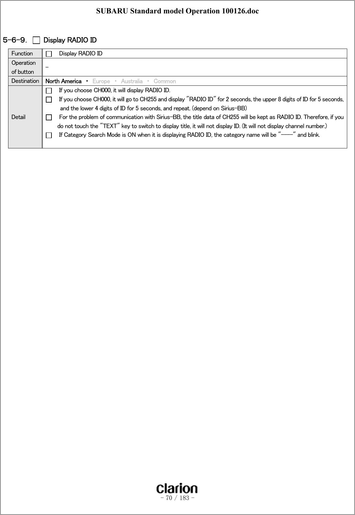 SUBARU Standard model Operation 100126.doc   - 70 / 183 -   ５-６-９．   Display RADIO ID Function      Display RADIO ID Operation of button  - Destination  North America  ・  Europe ・ Australia ・ Common Detail     If you choose CH000, it will display RADIO ID.     If you choose CH000, it will go to CH255 and display &quot;RADIO ID&quot; for 2 seconds, the upper 8 digits of ID for 5 seconds, and the lower 4 digits of ID for 5 seconds, and repeat. (depend on Sirius-BB)       For the problem of communication with Sirius-BB, the title data of CH255 will be kept as RADIO ID. Therefore, if you do not touch the &quot;TEXT&quot; key to switch to display title, it will not display ID. (It will not display channel number.)     If Category Search Mode is ON when it is displaying RADIO ID, the category name will be &quot;----&quot; and blink.    