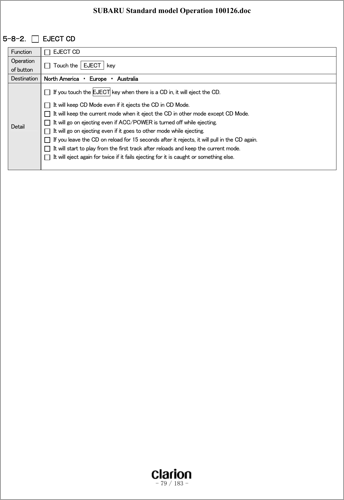 SUBARU Standard model Operation 100126.doc   - 79 / 183 -   ５-８-２．   EJECT CD  Function   EJECT CD  Operation of button    Touch the    EJECT    key Destination  North America  ・  Europe  ・  Australia Detail   If you touch the EJECT key when there is a CD in, it will eject the CD.   It will keep CD Mode even if it ejects the CD in CD Mode.   It will keep the current mode when it eject the CD in other mode except CD Mode.   It will go on ejecting even if ACC/POWER is turned off while ejecting.   It will go on ejecting even if it goes to other mode while ejecting.   If you leave the CD on reload for 15 seconds after it rejects, it will pull in the CD again.   It will start to play from the first track after reloads and keep the current mode.   It will eject again for twice if it fails ejecting for it is caught or something else.      