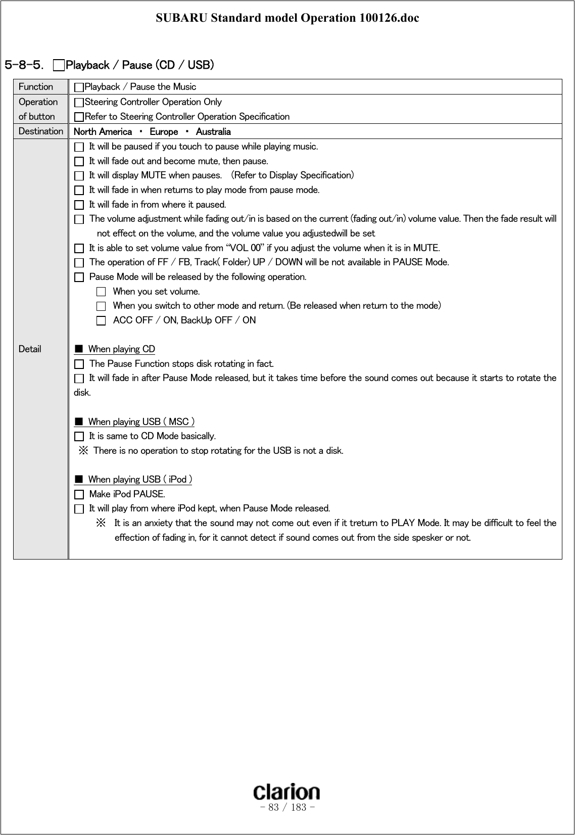 SUBARU Standard model Operation 100126.doc   - 83 / 183 -   ５-８-５．  Playback / Pause (CD / USB) Function  Playback / Pause the Music Operation of button Steering Controller Operation Only Refer to Steering Controller Operation Specification Destination  North America  ・  Europe  ・  Australia Detail   It will be paused if you touch to pause while playing music.   It will fade out and become mute, then pause.   It will display MUTE when pauses.    (Refer to Display Specification)   It will fade in when returns to play mode from pause mode.     It will fade in from where it paused.   The volume adjustment while fading out/in is based on the current (fading out/in) volume value. Then the fade result will not effect on the volume, and the volume value you adjustedwill be set   It is able to set volume value from “VOL 00” if you adjust the volume when it is in MUTE.   The operation of FF / FB, Track( Folder) UP / DOWN will be not available in PAUSE Mode.   Pause Mode will be released by the following operation.   When you set volume.   When you switch to other mode and return. (Be released when return to the mode)   ACC OFF / ON, BackUp OFF / ON  ■  When playing CD   The Pause Function stops disk rotating in fact.   It will fade in after Pause Mode released, but it takes time before the sound comes out because it starts to rotate the disk.  ■  When playing USB ( MSC )   It is same to CD Mode basically. ※  There is no operation to stop rotating for the USB is not a disk.    ■  When playing USB ( iPod )  Make iPod PAUSE.   It will play from where iPod kept, when Pause Mode released. ※  It is an anxiety that the sound may not come out even if it treturn to PLAY Mode. It may be difficult to feel the effection of fading in, for it cannot detect if sound comes out from the side spesker or not.      