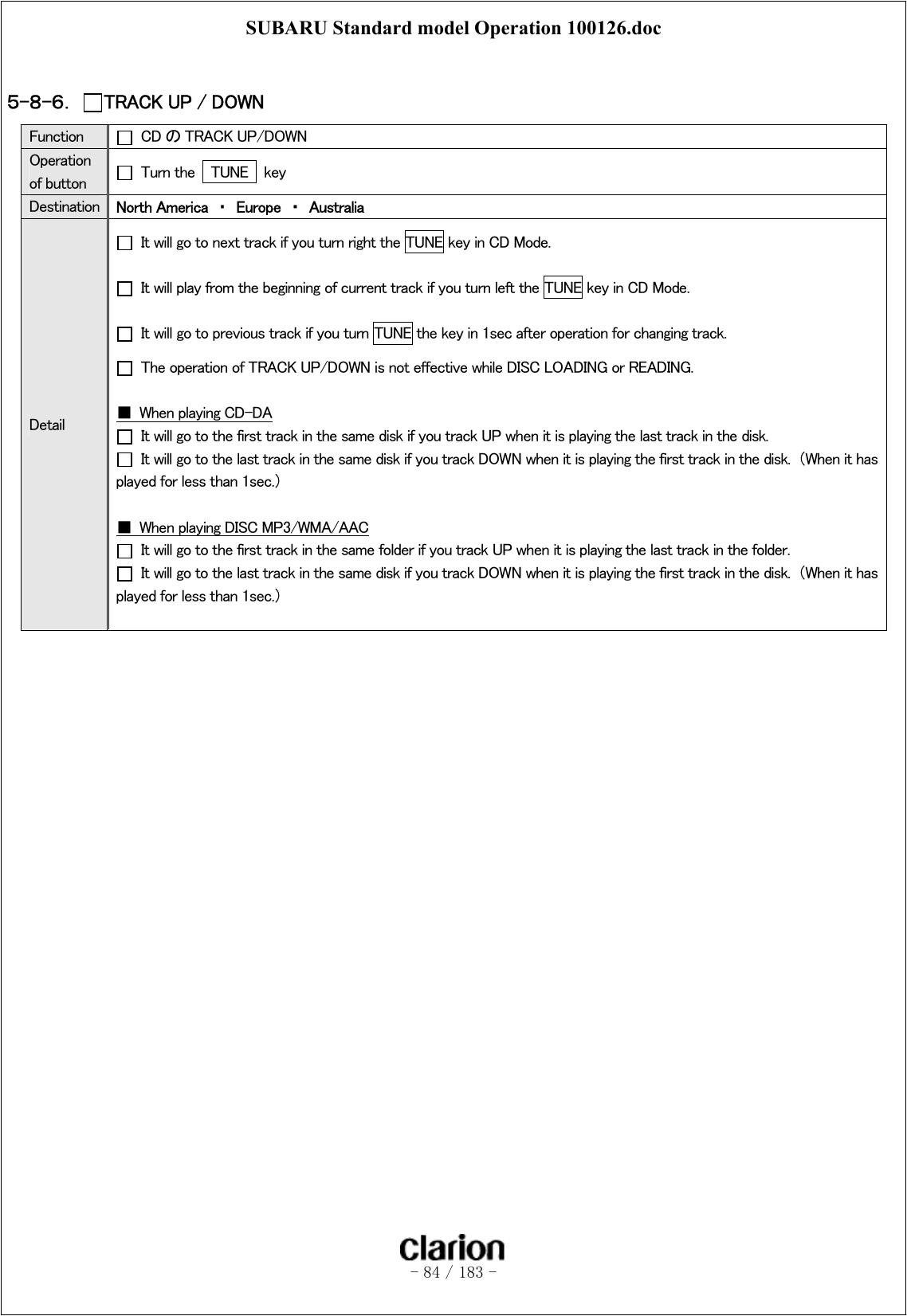 SUBARU Standard model Operation 100126.doc   - 84 / 183 -   ５-８-６．  TRACK UP / DOWN Function    CD の TRACK UP/DOWN Operation of button   Turn the  TUNE  key Destination  North America  ・  Europe  ・  Australia Detail   It will go to next track if you turn right the TUNE key in CD Mode.   It will play from the beginning of current track if you turn left the TUNE key in CD Mode.   It will go to previous track if you turn TUNE the key in 1sec after operation for changing track.   The operation of TRACK UP/DOWN is not effective while DISC LOADING or READING.  ■  When playing CD-DA   It will go to the first track in the same disk if you track UP when it is playing the last track in the disk.     It will go to the last track in the same disk if you track DOWN when it is playing the first track in the disk.  （When it has played for less than 1sec.）  ■  When playing DISC MP3/WMA/AAC   It will go to the first track in the same folder if you track UP when it is playing the last track in the folder.   It will go to the last track in the same disk if you track DOWN when it is playing the first track in the disk.  （When it has played for less than 1sec.）   