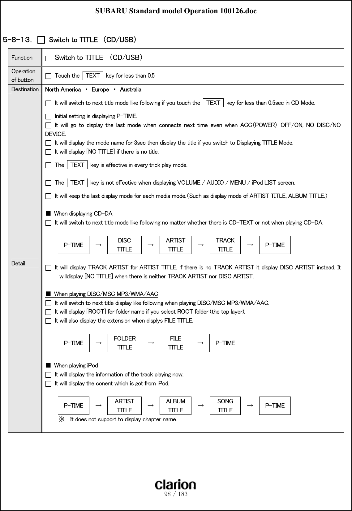 SUBARU Standard model Operation 100126.doc   - 98 / 183 -   ５-８-１３．    Switch to TITLE  （CD/USB）  Function   Switch to TITLE  （CD/USB） Operation of button    Touch the    TEXT    key for less than 0.5 Destination  North America  ・  Europe  ・  Australia Detail   It will switch to next title mode like following if you touch the    TEXT    key for less than 0.5sec in CD Mode.   Initial setting is displaying P-TIME.   It  will  go  to  display  the  last  mode  when  connects  next  time  even  when  ACC（POWER）  OFF/ON,  NO  DISC/NO DEVICE.   It will display the mode name for 3sec then display the title if you switch to Displaying TITLE Mode.   It will display [NO TITLE] if there is no title.   The    TEXT    key is effective in every trick play mode.   The    TEXT    key is not effective when displaying VOLUME / AUDIO / MENU / iPod LIST screen.   It will keep the last display mode for each media mode.（Such as display mode of ARTIST TITLE, ALBUM TITLE.）  ■  When displaying CD-DA   It will switch to next title mode like following no matter whether there is CD-TEXT or not when playing CD-DA.  P-TIME  →  DISC TITLE  →  ARTIST TITLE  →  TRACK TITLE  →  P-TIME    It will display TRACK ARTIST for ARTIST TITLE, if there is no  TRACK ARTIST it display DISC ARTIST instead. It willdisplay [NO TITLE] when there is neither TRACK ARTIST nor DISC ARTIST.  ■  When playing DISC/MSC MP3/WMA/AAC   It will switch to next title display like following when playing DISC/MSC MP3/WMA/AAC.   It will display [ROOT] for folder name if you select ROOT folder (the top layer).   It will also display the extension when displys FILE TITLE.  P-TIME  →  FOLDER TITLE  →  FILE TITLE  →  P-TIME  ■  When playing iPod   It will display the information of the track playing now.   It will display the conent which is got from iPod.  P-TIME  →  ARTIST TITLE  →  ALBUM TITLE  →  SONG TITLE  →  P-TIME ※  It does not support to display chapter name.  