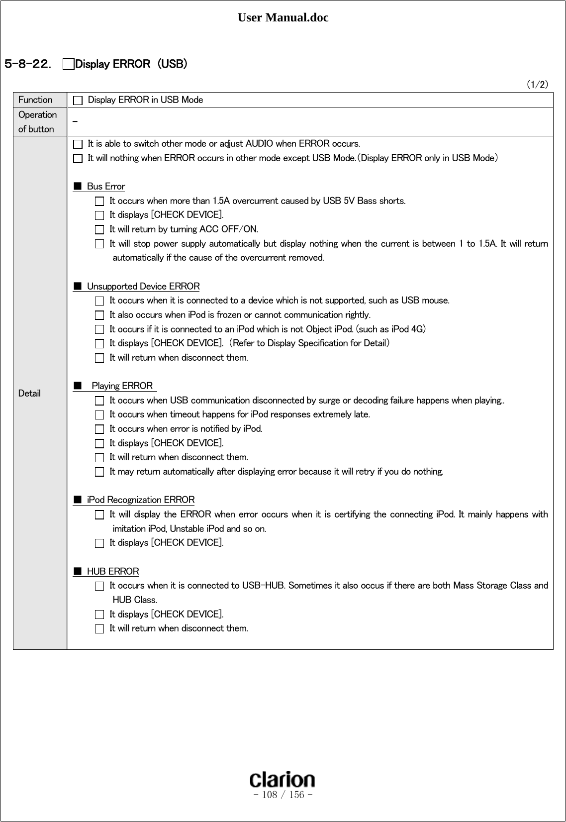 User Manual.doc   - 108 / 156 -   ５-８-２２． Display ERROR  (USB)             （1/2） Function    Display ERROR in USB Mode Operation of button  - Detail   It is able to switch other mode or adjust AUDIO when ERROR occurs.   It will nothing when ERROR occurs in other mode except USB Mode.（Display ERROR only in USB Mode）  ■  Bus Error   It occurs when more than 1.5A overcurrent caused by USB 5V Bass shorts.  It displays [CHECK DEVICE].   It will return by turning ACC OFF/ON.   It will stop power supply automatically but display nothing when the current is between 1 to 1.5A. It will return automatically if the cause of the overcurrent removed.  ■  Unsupported Device ERROR   It occurs when it is connected to a device which is not supported, such as USB mouse.   It also occurs when iPod is frozen or cannot communication rightly.   It occurs if it is connected to an iPod which is not Object iPod. (such as iPod 4G)   It displays [CHECK DEVICE].  （Refer to Display Specification for Detail）   It will return when disconnect them.  ■  Playing ERROR    It occurs when USB communication disconnected by surge or decoding failure happens when playing..   It occurs when timeout happens for iPod responses extremely late.   It occurs when error is notified by iPod.  It displays [CHECK DEVICE].   It will return when disconnect them.   It may return automatically after displaying error because it will retry if you do nothing.  ■  iPod Recognization ERROR   It will display the ERROR when error occurs when it is certifying the connecting iPod. It mainly happens with imitation iPod, Unstable iPod and so on.  It displays [CHECK DEVICE].  ■  HUB ERROR   It occurs when it is connected to USB-HUB. Sometimes it also occus if there are both Mass Storage Class and HUB Class.  It displays [CHECK DEVICE].   It will return when disconnect them.  