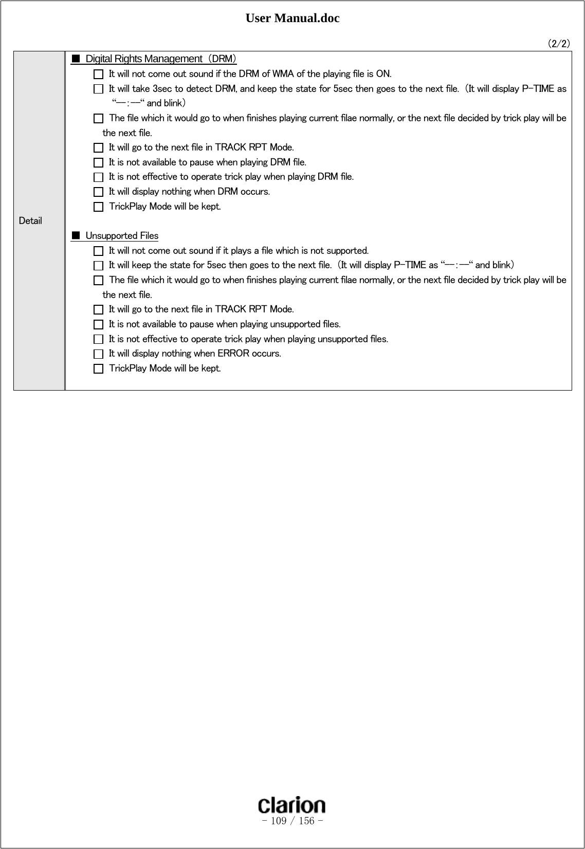 User Manual.doc   - 109 / 156 -  （2/2）   Detail ■ Digital Rights Management （DRM）   It will not come out sound if the DRM of WMA of the playing file is ON.   It will take 3sec to detect DRM, and keep the state for 5sec then goes to the next file.  （It will display P-TIME as “--：--“ and blink）   The file which it would go to when finishes playing current filae normally, or the next file decided by trick play will be the next file.   It will go to the next file in TRACK RPT Mode.   It is not available to pause when playing DRM file.   It is not effective to operate trick play when playing DRM file.   It will display nothing when DRM occurs.   TrickPlay Mode will be kept.  ■  Unsupported Files   It will not come out sound if it plays a file which is not supported.   It will keep the state for 5sec then goes to the next file.  （It will display P-TIME as “--：--“ and blink）   The file which it would go to when finishes playing current filae normally, or the next file decided by trick play will be the next file.   It will go to the next file in TRACK RPT Mode.   It is not available to pause when playing unsupported files.   It is not effective to operate trick play when playing unsupported files.   It will display nothing when ERROR occurs.   TrickPlay Mode will be kept.  