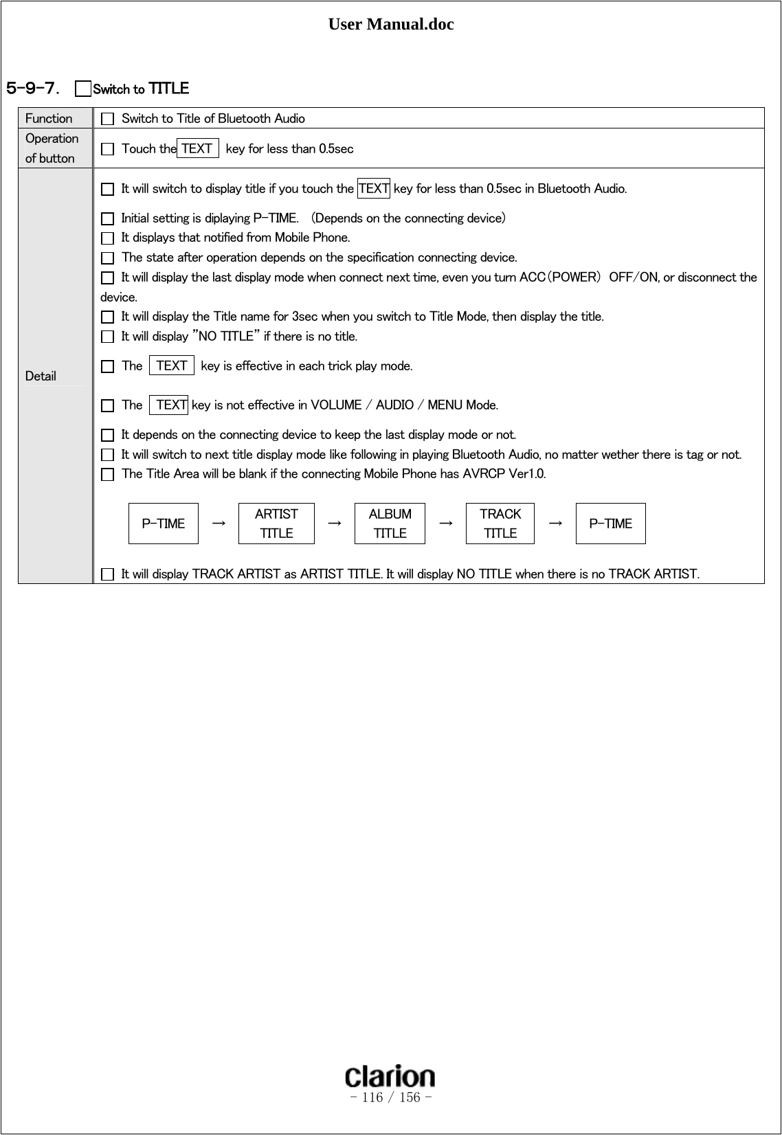 User Manual.doc   - 116 / 156 -   ５-９-７． Switch to TITLE    Function    Switch to Title of Bluetooth Audio Operation of button    Touch the TEXT    key for less than 0.5sec Detail   It will switch to display title if you touch the TEXT key for less than 0.5sec in Bluetooth Audio.   Initial setting is diplaying P-TIME.    (Depends on the connecting device)   It displays that notified from Mobile Phone.   The state after operation depends on the specification connecting device.   It will display the last display mode when connect next time, even you turn ACC（POWER）  OFF/ON, or disconnect the device.   It will display the Title name for 3sec when you switch to Title Mode, then display the title.   It will display ”NO TITLE” if there is no title.   The    TEXT    key is effective in each trick play mode.   The    TEXT key is not effective in VOLUME / AUDIO / MENU Mode.     It depends on the connecting device to keep the last display mode or not.   It will switch to next title display mode like following in playing Bluetooth Audio, no matter wether there is tag or not.   The Title Area will be blank if the connecting Mobile Phone has AVRCP Ver1.0.  P-TIME  →  ARTIST TITLE  →  ALBUM TITLE  →  TRACK TITLE  →  P-TIME    It will display TRACK ARTIST as ARTIST TITLE. It will display NO TITLE when there is no TRACK ARTIST. 