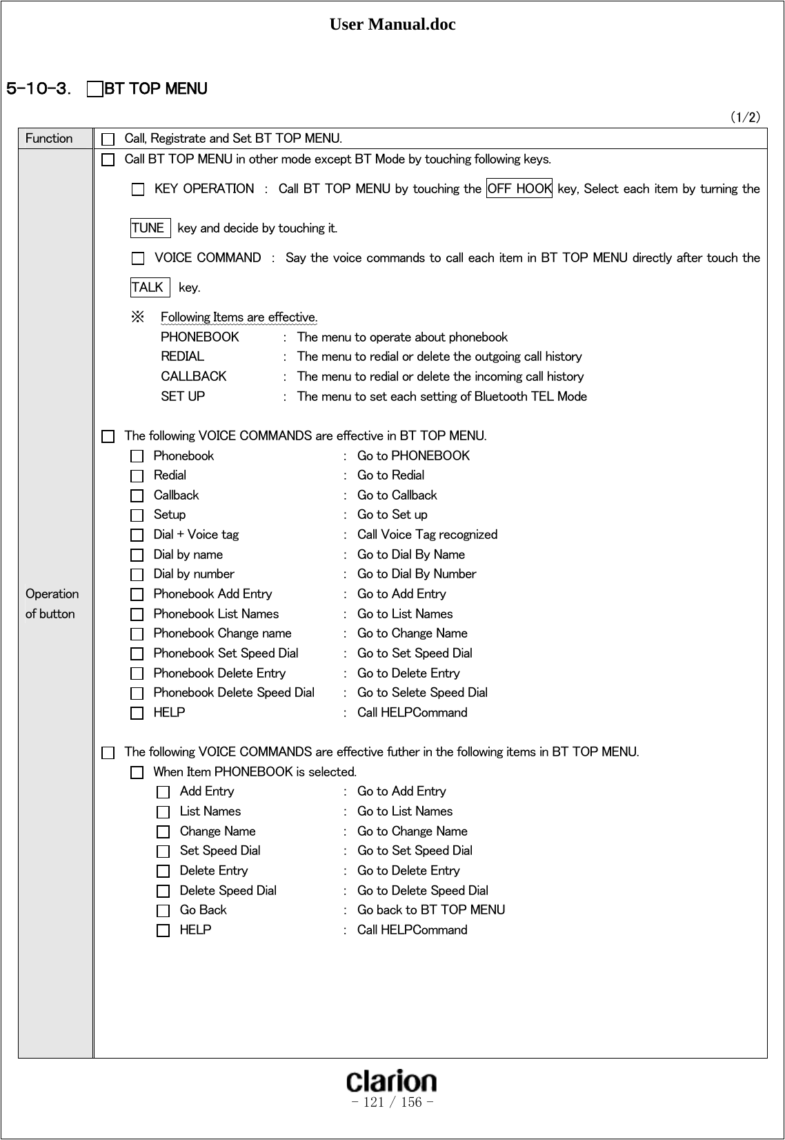 User Manual.doc   - 121 / 156 -   ５-１０-３． BT TOP MENU （1/2） Function    Call, Registrate and Set BT TOP MENU. Operation of button   Call BT TOP MENU in other mode except BT Mode by touching following keys.   KEY OPERATION  ：  Call BT TOP MENU by touching the  OFF HOOK key, Select each item by turning the  TUNE    key and decide by touching it.   VOICE COMMAND  ：  Say the voice commands to call each item in BT TOP MENU directly after touch the TALK    key. ※ Following Items are effective.   PHONEBOOK  ：  The menu to operate about phonebook   REDIAL    ：  The menu to redial or delete the outgoing call history   CALLBACK  ：  The menu to redial or delete the incoming call history   SET UP    ：  The menu to set each setting of Bluetooth TEL Mode    The following VOICE COMMANDS are effective in BT TOP MENU.   Phonebook      ：  Go to PHONEBOOK   Redial      ：  Go to Redial  Callback      ： Go to Callback   Setup      ：  Go to Set up   Dial + Voice tag    ：  Call Voice Tag recognized   Dial by name    ：  Go to Dial By Name   Dial by number    ：  Go to Dial By Number   Phonebook Add Entry    ：  Go to Add Entry   Phonebook List Names   ：  Go to List Names   Phonebook Change name  ：  Go to Change Name   Phonebook Set Speed Dial  ：  Go to Set Speed Dial   Phonebook Delete Entry  ：  Go to Delete Entry   Phonebook Delete Speed Dial  ：  Go to Selete Speed Dial   HELP      ：  Call HELPCommand    The following VOICE COMMANDS are effective futher in the following items in BT TOP MENU.   When Item PHONEBOOK is selected.   Add Entry    ：  Go to Add Entry   List Names    ：  Go to List Names   Change Name    ：  Go to Change Name   Set Speed Dial    ：  Go to Set Speed Dial   Delete Entry    ：  Go to Delete Entry   Delete Speed Dial   ：  Go to Delete Speed Dial   Go Back    ：  Go back to BT TOP MENU   HELP      ：  Call HELPCommand       