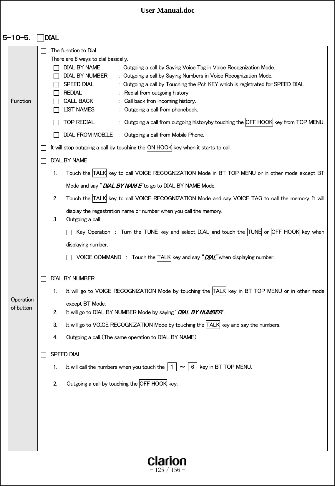 User Manual.doc   - 125 / 156 -   ５-１０-５． DIAL Function   The function to Dial.   There are 8 ways to dial basically.   DIAL BY NAME  ：  Outgoing a call by Saying Voice Tag in Voice Recognization Mode.   DIAL BY NUMBER  ：  Outgoing a call by Saying Numbers in Voice Recognization Mode.   SPEED DIAL  ：  Outgoing a call by Touching the Pch KEY which is registrated for SPEED DIAL   REDIAL    ：  Redial from outgoing history.   CALL BACK  ：  Call back fron incoming history.   LIST NAMES  ：  Outgoing a call from phonebook.   TOP REDIAL  ：  Outgoing a call from outgoing historyby touching the OFF HOOK key from TOP MENU.   DIAL FROM MOBILE  ：  Outgoing a call from Mobile Phone.   It will stop outgoing a call by touching the ON HOOK key when it starts to call. Operation of button  DIAL BY NAME 1. Touch the  TALK key to call VOICE RECOGNIZATION Mode in BT TOP MENU or in other mode except BT Mode and say “DIAL BY NAM E”to go to DIAL BY NAME Mode. 2. Touch the  TALK key to call VOICE RECOGNIZATION Mode and say VOICE TAG to call the memory. It will display the regestration name or number when you call the memory. 3. Outgoing a call.   Key  Operation  ：  Turn  the  TUNE key  and select DIAL and  touch  the  TUNE or  OFF  HOOK  key when displaying number.   VOICE COMMAND  ：  Touch the TALK key and say “DIAL”when displaying number.   DIAL BY NUMBER 1. It will go to VOICE RECOGNIZATION Mode by touching the  TALK key in BT TOP MENU or in other mode except BT Mode. 2. It will go to DIAL BY NUMBER Mode by saying “DIAL BY NUMBER”. 3. It will go to VOICE RECOGNIZATION Mode by touching the TALK key and say the numbers. 4. Outgoing a call.（The same operation to DIAL BY NAME）   SPEED DIAL 1. It will call the numbers when you touch the    1  ～  6    key in BT TOP MENU. 2.      Outgoing a call by touching the OFF HOOK key.        