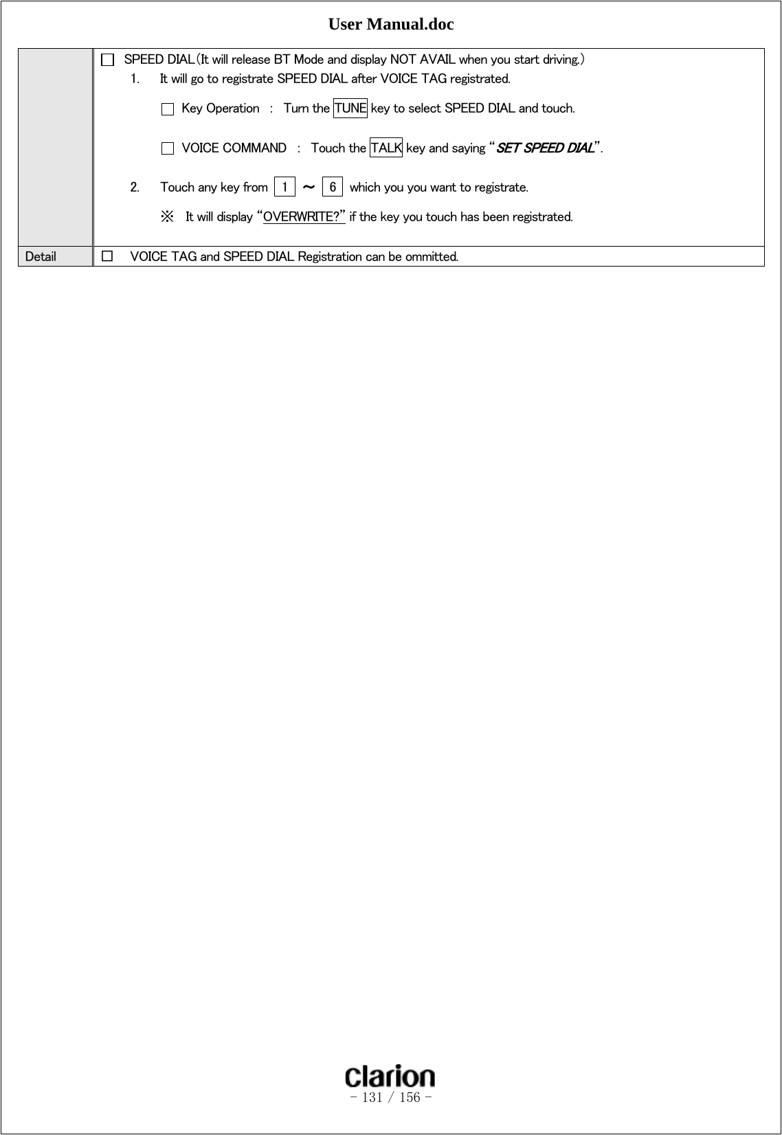 User Manual.doc   - 131 / 156 -    SPEED DIAL（It will release BT Mode and display NOT AVAIL when you start driving.） 1. It will go to registrate SPEED DIAL after VOICE TAG registrated.   Key Operation  ：  Turn the TUNE key to select SPEED DIAL and touch.   VOICE COMMAND  ：  Touch the TALK key and saying “SET SPEED DIAL”. 2. Touch any key from    1   ～  6    which you you want to registrate. ※ It will display “OVERWRITE?” if the key you touch has been registrated.  Detail  □ VOICE TAG and SPEED DIAL Registration can be ommitted. 