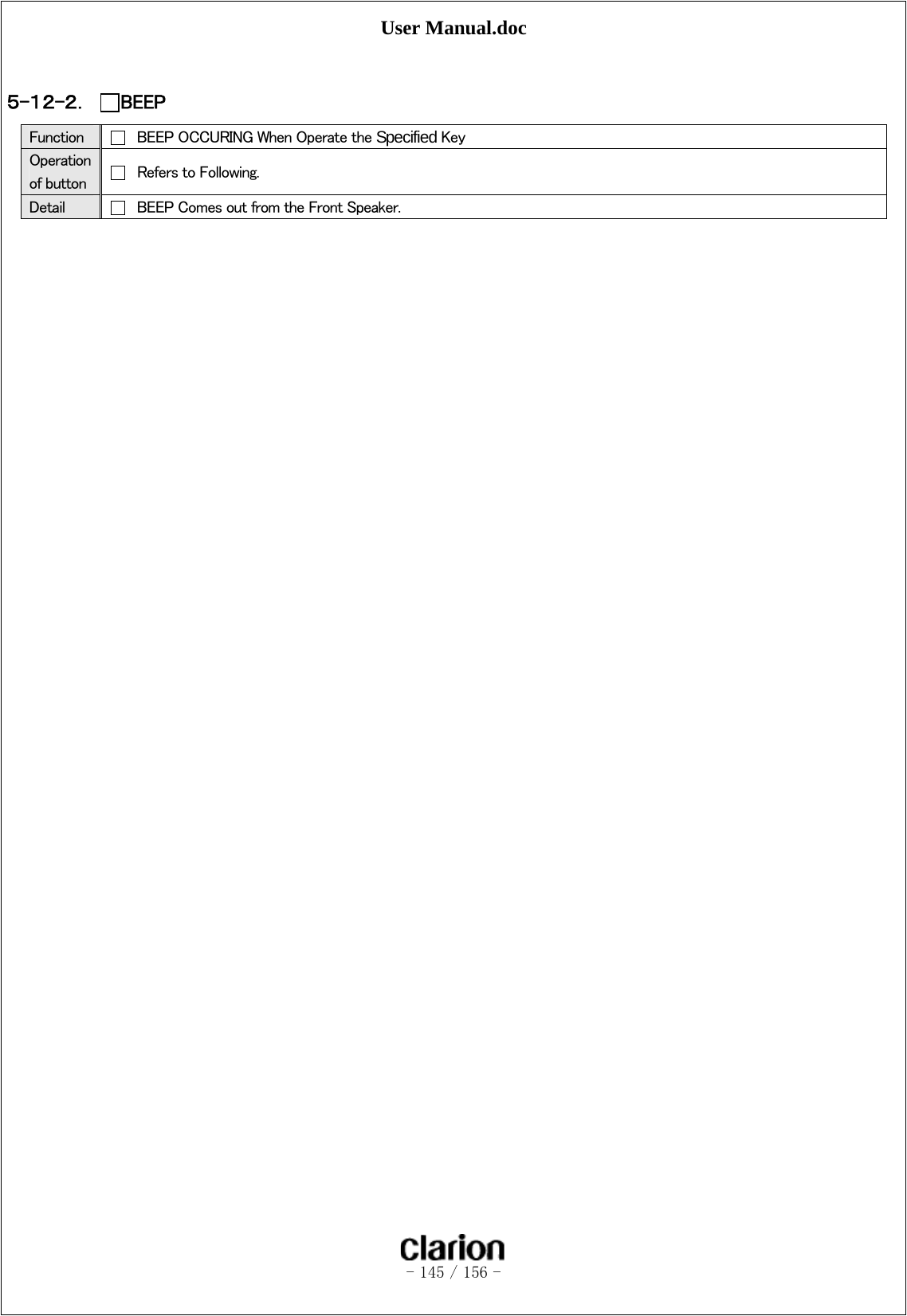 User Manual.doc   - 145 / 156 -   ５-１２-２． BEEP   Function    BEEP OCCURING When Operate the Specified Key Operation of button    Refers to Following. Detail    BEEP Comes out from the Front Speaker. 