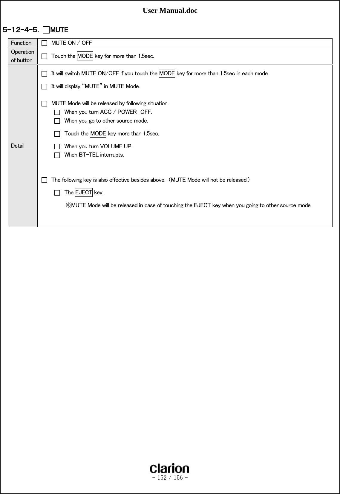 User Manual.doc   - 152 / 156 -  ５-１２-４-５． MUTE  Function    MUTE ON / OFF Operation of button    Touch the MODE key for more than 1.5sec. Detail   It will switch MUTE ON/OFF if you touch the MODE key for more than 1.5sec in each mode.   It will display “MUTE” in MUTE Mode.    MUTE Mode will be released by following situation.   When you turn ACC / POWER  OFF.   When you go to other source mode.   Touch the MODE key more than 1.5sec.   When you turn VOLUME UP.   When BT-TEL interrupts.     The following key is also effective besides above.  （MUTE Mode will not be released.）   The EJECT key. ※MUTE Mode will be released in case of touching the EJECT key when you going to other source mode.   