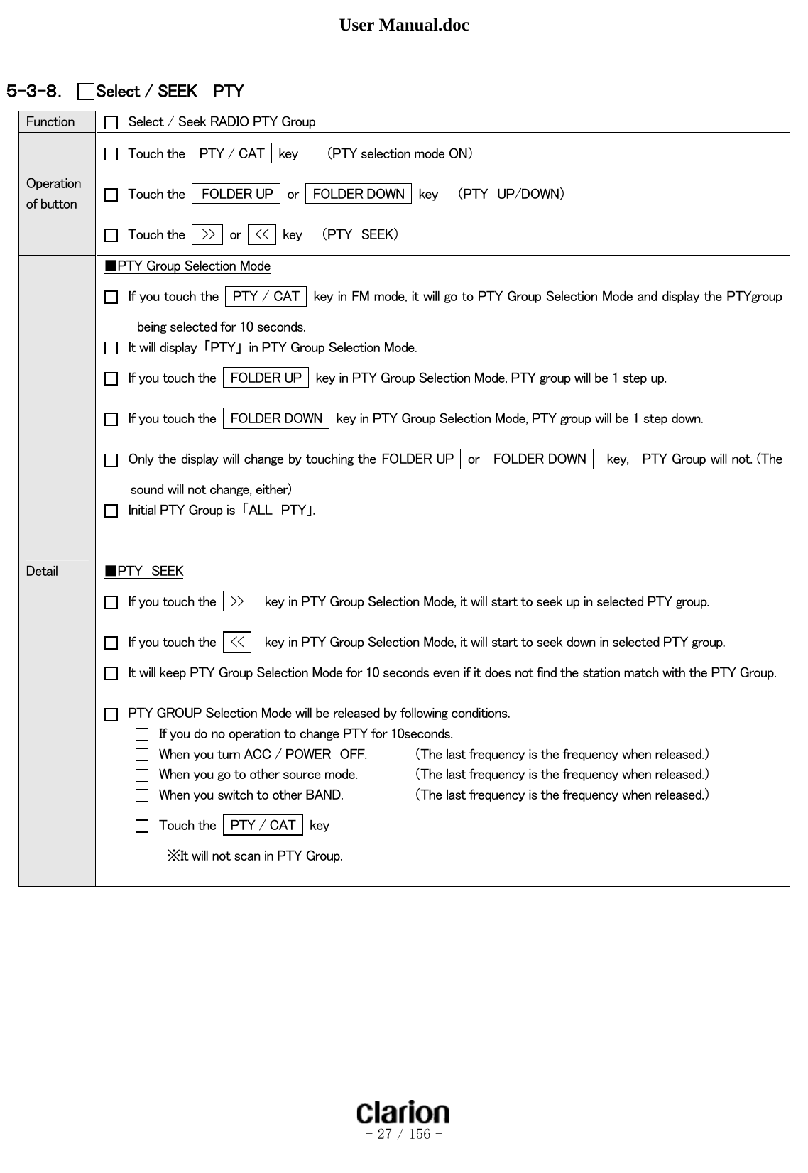 User Manual.doc   - 27 / 156 -   ５-３-８． Select / SEEK    PTY   Function    Select / Seek RADIO PTY Group Operation of button   Touch the    PTY / CAT    key      （PTY selection mode ON）   Touch the    FOLDER UP  or    FOLDER DOWN   key    （PTY  UP/DOWN）   Touch the    &gt;&gt;    or    &lt;&lt;    key    （PTY  SEEK） Detail ■PTY Group Selection Mode   If you touch the    PTY / CAT    key in FM mode, it will go to PTY Group Selection Mode and display the PTYgroupbeing selected for 10 seconds.   It will display  「PTY」  in PTY Group Selection Mode.   If you touch the    FOLDER UP   key in PTY Group Selection Mode, PTY group will be 1 step up.   If you touch the    FOLDER DOWN   key in PTY Group Selection Mode, PTY group will be 1 step down.   Only the display will change by touching the FOLDER UP  or  FOLDER DOWN     key,    PTY Group will not. (The sound will not change, either)   Initial PTY Group is  「ALL  PTY」.   ■PTY  SEEK   If you touch the    &gt;&gt;      key in PTY Group Selection Mode, it will start to seek up in selected PTY group.   If you touch the    &lt;&lt;      key in PTY Group Selection Mode, it will start to seek down in selected PTY group.     It will keep PTY Group Selection Mode for 10 seconds even if it does not find the station match with the PTY Group.    PTY GROUP Selection Mode will be released by following conditions.   If you do no operation to change PTY for 10seconds.   When you turn ACC / POWER  OFF.  （The last frequency is the frequency when released.）   When you go to other source mode.  （The last frequency is the frequency when released.）   When you switch to other BAND.    （The last frequency is the frequency when released.）   Touch the    PTY / CAT    key       ※It will not scan in PTY Group.   