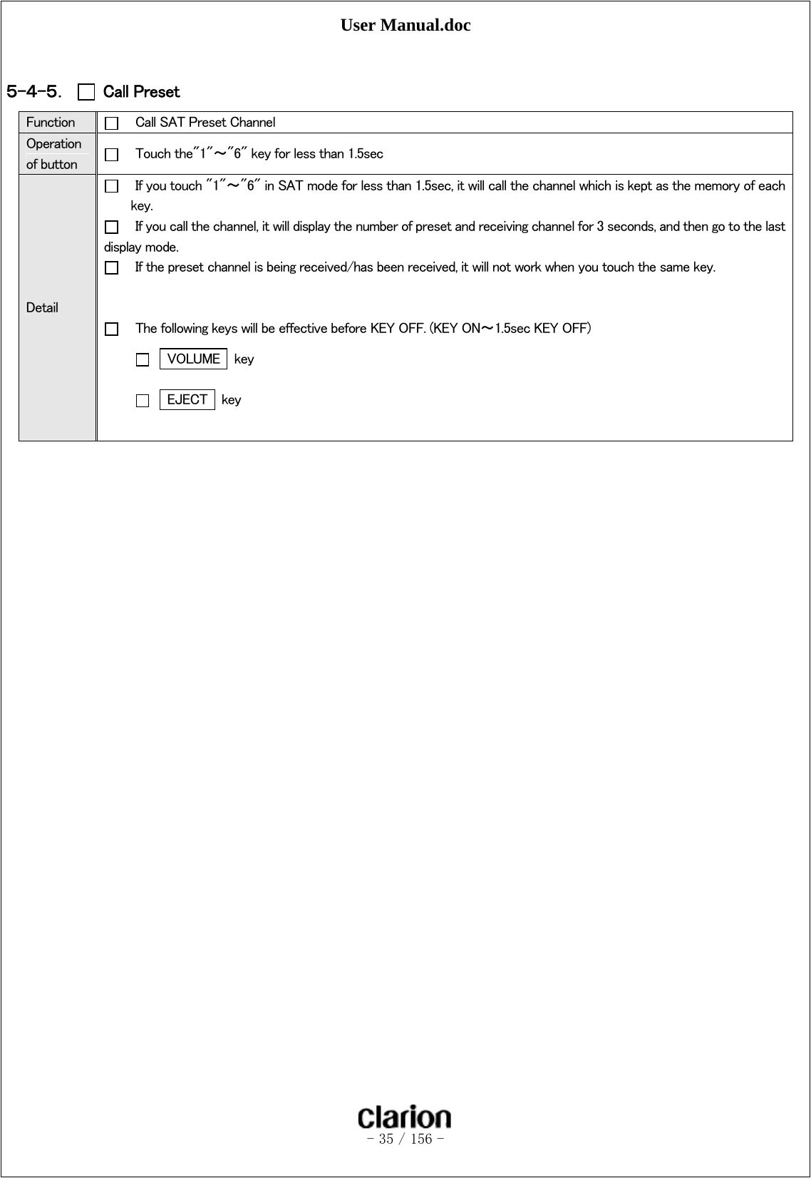 User Manual.doc   - 35 / 156 -   ５-４-５．  Call Preset Function      Call SAT Preset Channel Operation of button      Touch the&quot;1&quot;～&quot;6&quot; key for less than 1.5sec Detail     If you touch &quot;1&quot;～&quot;6&quot; in SAT mode for less than 1.5sec, it will call the channel which is kept as the memory of each key.     If you call the channel, it will display the number of preset and receiving channel for 3 seconds, and then go to the last display mode.     If the preset channel is being received/has been received, it will not work when you touch the same key.       The following keys will be effective before KEY OFF. (KEY ON～1.5sec KEY OFF)   VOLUME  key     EJECT    key   