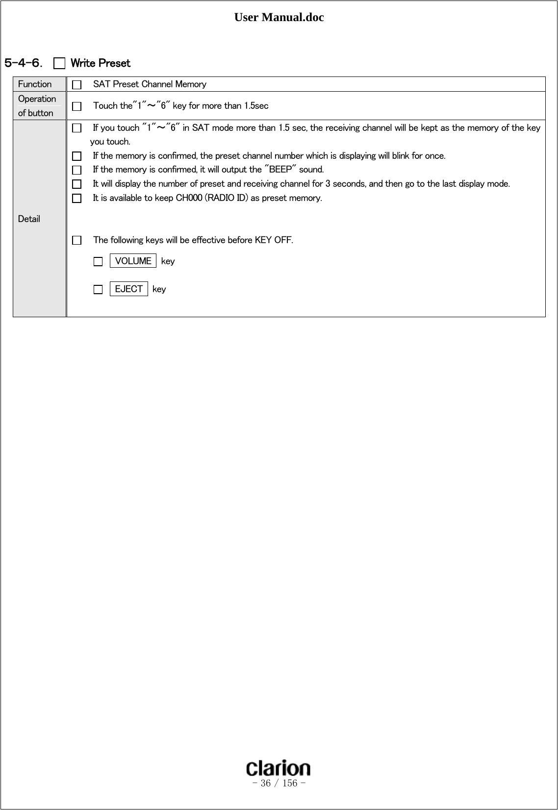 User Manual.doc   - 36 / 156 -   ５-４-６．  Write Preset Function      SAT Preset Channel Memory Operation of button      Touch the&quot;1&quot;～&quot;6&quot; key for more than 1.5sec Detail     If you touch &quot;1&quot;～&quot;6&quot; in SAT mode more than 1.5 sec, the receiving channel will be kept as the memory of the key you touch.     If the memory is confirmed, the preset channel number which is displaying will blink for once.     If the memory is confirmed, it will output the &quot;BEEP&quot; sound.     It will display the number of preset and receiving channel for 3 seconds, and then go to the last display mode.     It is available to keep CH000 (RADIO ID) as preset memory.       The following keys will be effective before KEY OFF.   VOLUME  key     EJECT    key   