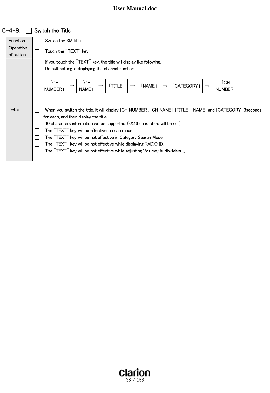 User Manual.doc   - 38 / 156 -   ５-４-８．  Switch the Title   Function      Switch the XM title Operation of button      Touch the &quot;TEXT&quot; key Detail     If you touch the &quot;TEXT&quot; key, the title will display like following.     Default setting is displaying the channel number.  「CH NUMBER」  →  「CH NAME」  →  「TITLE」 → 「NAME」 → 「CATEGORY」  →  「CH NUMBER」      When you switch the title, it will display [CH NUMBER], [CH NAME], [TITLE], [NAME] and [CATEGORY] 3seconds for each, and then display the title.     10 characters information will be supported. (8&amp;16 characters will be not)     The &quot;TEXT&quot; key will be effective in scan mode.     The &quot;TEXT&quot; key will be not effective in Category Search Mode.     The &quot;TEXT&quot; key will be not effective while displaying RADIO ID.     The &quot;TEXT&quot; key will be not effective while adjusting Volume/Audio/Menu.。   