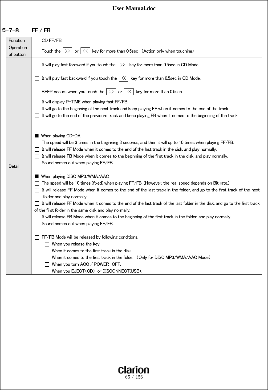 User Manual.doc   - 65 / 156 -   ５-７-８． FF / FB Function   CD FF/FB Operation of button    Touch the    &gt;&gt;   or    &lt;&lt;    key for more than 0.5sec  （Action only when touching） Detail   It will play fast foreward if you touch the    &gt;&gt;   key for more than 0.5sec in CD Mode.   It will play fast backward if you touch the    &lt;&lt;   key for more than 0.5sec in CD Mode.   BEEP occurs when you touch the    &gt;&gt;   or    &lt;&lt;    key for more than 0.5sec.   It will display P-TIME when playing fast FF/FB.   It will go to the beginning of the next track and keep playing FF when it comes to the end of the track.   It will go to the end of the previours track and keep playing FB when it comes to the beginning of the track.     ■  When playing CD-DA   The speed will be 3 times in the beginning 3 seconds, and then it will up to 10 times when playing FF/FB.   It will release FF Mode when it comes to the end of the last track in the disk, and play normally.   It will release FB Mode when it comes to the beginning of the first track in the disk, and play normally.   Sound comes out when playing FF/FB.  ■  When playing DISC MP3/WMA/AAC   The speed will be 10 times (fixed) when playing FF/FB. (However, the real speed depends on Bit rate.)   It will release FF Mode when it comes to the end of the last track in the folder, and go to the first track of the next folder and play normally.     It will release FF Mode when it comes to the end of the last track of the last folder in the disk, and go to the first track of the first folder in the same disk and play normally.   It will release FB Mode when it comes to the beginning of the first track in the folder, and play normally.   Sound comes out when playing FF/FB.    FF/FB Mode will be released by following conditions.   When you release the key.   When it comes to the first track in the disk.   When it comes to the first track in the folde.  （Only for DISC MP3/WMA/AAC Mode）   When you turn ACC / POWER  OFF.   When you EJECT（CD）  or DISCONNECT(USB).  