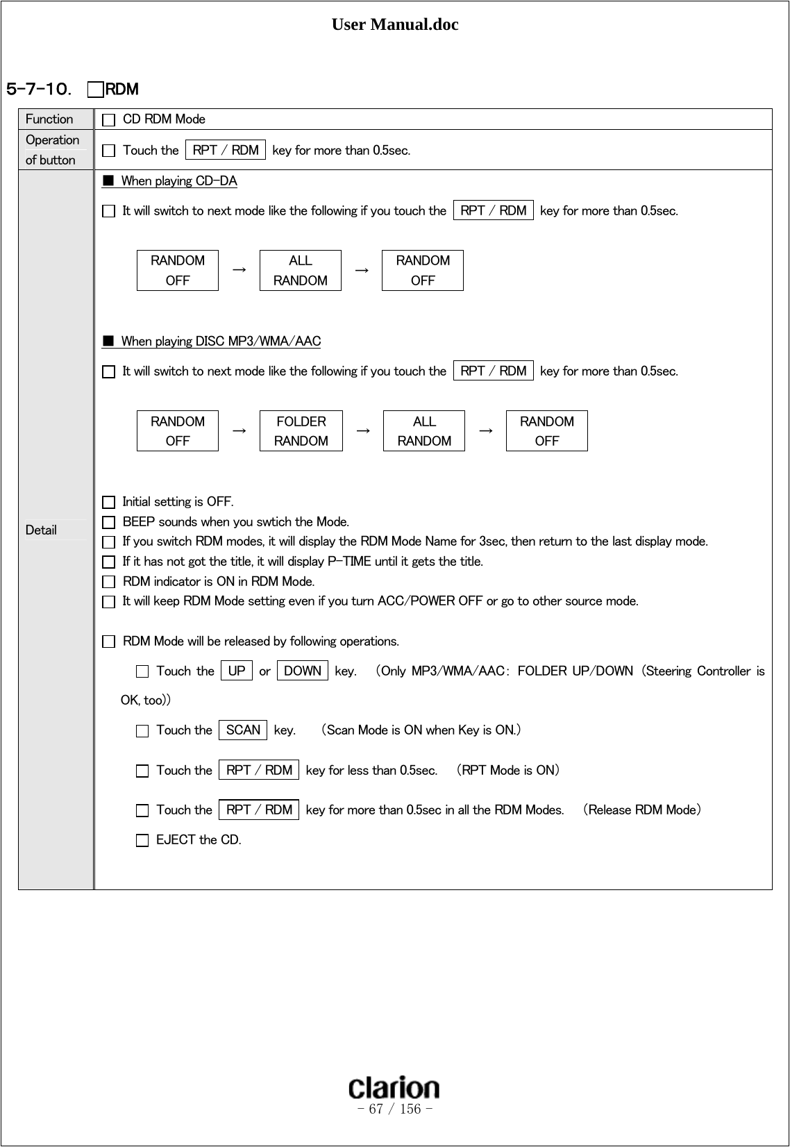 User Manual.doc   - 67 / 156 -   ５-７-１０． RDM Function    CD RDM Mode Operation of button    Touch the    RPT / RDM   key for more than 0.5sec. Detail ■  When playing CD-DA   It will switch to next mode like the following if you touch the    RPT / RDM   key for more than 0.5sec.  RANDOM OFF  →  ALL RANDOM  →  RANDOM OFF   ■  When playing DISC MP3/WMA/AAC   It will switch to next mode like the following if you touch the    RPT / RDM   key for more than 0.5sec.  RANDOM OFF  →  FOLDER RANDOM  →  ALL RANDOM  →  RANDOM OFF     Initial setting is OFF.   BEEP sounds when you swtich the Mode.   If you switch RDM modes, it will display the RDM Mode Name for 3sec, then return to the last display mode.     If it has not got the title, it will display P-TIME until it gets the title.   RDM indicator is ON in RDM Mode.   It will keep RDM Mode setting even if you turn ACC/POWER OFF or go to other source mode.    RDM Mode will be released by following operations.   Touch  the   UP  or  DOWN   key.    （Only  MP3/WMA/AAC：  FOLDER  UP/DOWN  (Steering  Controller  is OK, too)）   Touch the    SCAN    key.      （Scan Mode is ON when Key is ON.）   Touch the    RPT / RDM   key for less than 0.5sec.    （RPT Mode is ON）   Touch the    RPT / RDM   key for more than 0.5sec in all the RDM Modes.    （Release RDM Mode）   EJECT the CD.   