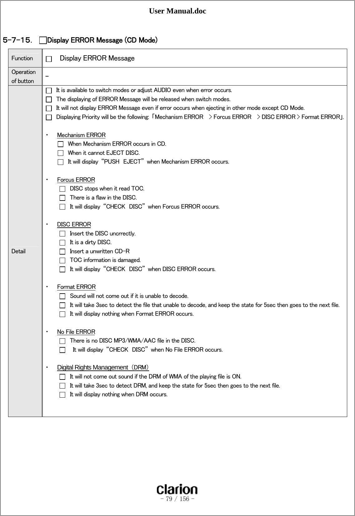 User Manual.doc   - 79 / 156 -   ５-７-１５． Display ERROR Message (CD Mode)   Function    Display ERROR Message Operation of button  - Detail   It is available to switch modes or adjust AUDIO even when error occurs.   The displaying of ERROR Message will be released when switch modes.   It will not display ERROR Message even if error occurs when ejecting in other mode except CD Mode.   Displaying Priority will be the following:  「Mechanism ERROR    &gt; Forcus ERROR    &gt; DISC ERROR &gt; Format ERROR」. ・ Mechanism ERROR   When Mechanism ERROR occurs in CD.   When it cannot EJECT DISC.     It will display  “PUSH  EJECT”  when Mechanism ERROR occurs.  ・ Forcus ERROR   DISC stops when it read TOC.   There is a flaw in the DISC.   It will display  “CHECK  DISC”  when Forcus ERROR occurs.  ・ DISC ERROR   Insert the DISC uncrrectly.   It is a dirty DISC.   Insert a unwritten CD-R   TOC information is damaged.   It will display  “CHECK  DISC”  when DISC ERROR occurs.    ・ Format ERROR   Sound will not come out if it is unable to decode.   It will take 3sec to detect the file that unable to decode, and keep the state for 5sec then goes to the next file.   It will display nothing when Format ERROR occurs.  ・ No File ERROR   There is no DISC MP3/WMA/AAC file in the DISC.     It will display  “CHECK  DISC”  when No File ERROR occurs.  ・ Digital Rights Management （DRM）   It will not come out sound if the DRM of WMA of the playing file is ON.   It will take 3sec to detect DRM, and keep the state for 5sec then goes to the next file.   It will display nothing when DRM occurs.   