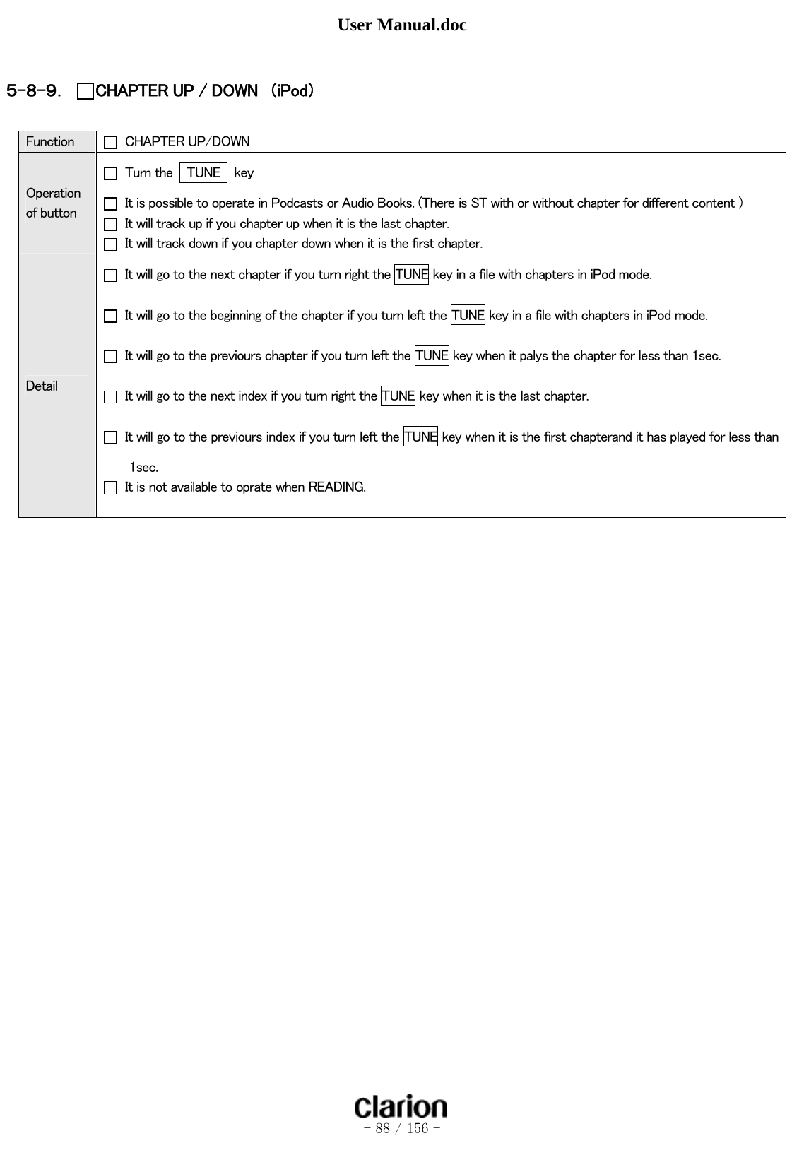 User Manual.doc   - 88 / 156 -   ５-８-９． CHAPTER UP / DOWN  （iPod）  Function    CHAPTER UP/DOWN Operation of button  Turn the  TUNE  key   It is possible to operate in Podcasts or Audio Books. (There is ST with or without chapter for different content )   It will track up if you chapter up when it is the last chapter.   It will track down if you chapter down when it is the first chapter. Detail   It will go to the next chapter if you turn right the TUNE key in a file with chapters in iPod mode.   It will go to the beginning of the chapter if you turn left the TUNE key in a file with chapters in iPod mode.   It will go to the previours chapter if you turn left the TUNE key when it palys the chapter for less than 1sec.   It will go to the next index if you turn right the TUNE key when it is the last chapter.     It will go to the previours index if you turn left the TUNE key when it is the first chapterand it has played for less than 1sec.   It is not available to oprate when READING.   