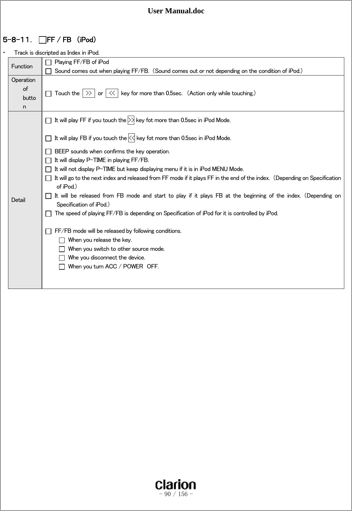 User Manual.doc   - 90 / 156 -   ５-８-１１． FF / FB  （iPod） ・ Track is discripted as Index in iPod. Function    Playing FF/FB of iPod   Sound comes out when playing FF/FB.  （Sound comes out or not depending on the condition of iPod.） Operation of button   Touch the    &gt;&gt;   or    &lt;&lt;    key for more than 0.5sec.  （Action only while touching.） Detail   It will play FF if you touch the &gt;&gt; key fot more than 0.5sec in iPod Mode.   It will play FB if you touch the &lt;&lt; key fot more than 0.5sec in iPod Mode.   BEEP sounds when confirms the key operation.   It will display P-TIME in playing FF/FB.   It will not display P-TIME but keep displaying menu if it is in iPod MENU Mode.   It will go to the next index and released from FF mode if it plays FF in the end of the index.  （Depending on Specification of iPod.）   It  will  be  released  from  FB  mode  and  start  to  play  if  it  plays  FB  at  the  beginning  of  the  index.  （Depending  on Specification of iPod.）   The speed of playing FF/FB is depending on Specification of iPod for it is controlled by iPod.    FF/FB mode will be released by following conditions.   When you release the key.   When you switch to other source mode.   Whe you disconnect the device.   When you turn ACC / POWER  OFF.     