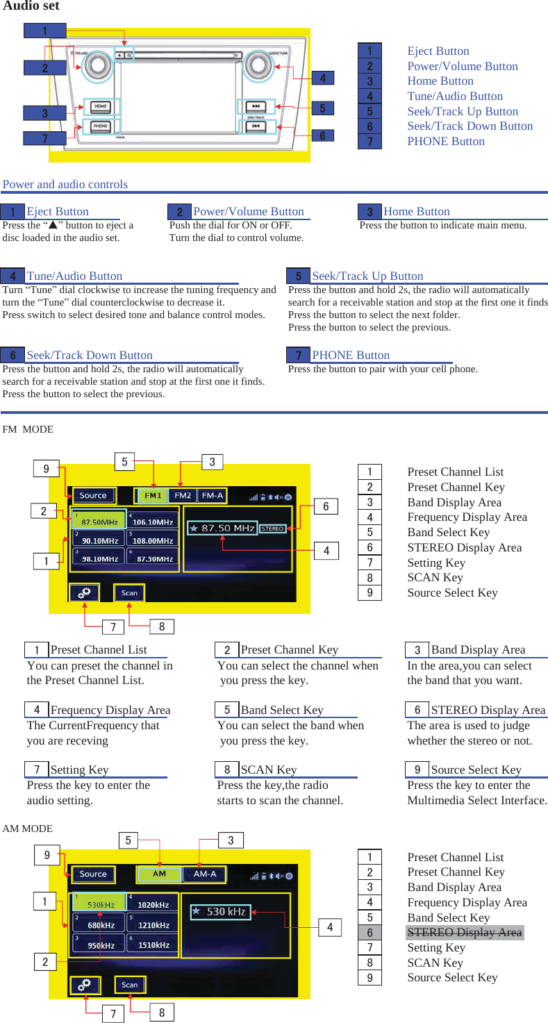 Audio set㻝㻝Eject Button㻞Power/Volume Button㻟Home Button㻠Tune/Audio Button㻡Seek/Track Up Button㻢Seek/Track Down Button㻣PHONE ButtonPower and audio controls㻌㻝Eject Button㻞Power/Volume Button㻟Home ButtonPress the ³Ʒ´button to eject a Push the dial for ON or OFF.  Press the button to indicate main menu.disc loaded in the audio set. Turn the dial to control volume. 㻠Tune/Audio Button㻡Seek/Track Up ButtonTurn ³Tune´ dial clockwise to increase the tuning frequency and  Press the button and hold 2s, the radio will automatically turn the ³Tune´ dial counterclockwise to decrease it.  search for a receivable station and stop at the first one it findsPress switch to select desired tone and balance control modes. Press the button to select the next folder.Press the button to select the previous.㻢Seek/Track Down Button㻣PHONE ButtonPress the button and hold 2s, the radio will automatically  Press the button to pair with your cell phone. search for a receivable station and stop at the first one it finds. Press the button to select the previous.FM  MODE㻝Preset Channel List㻞Preset Channel Key㻟Band Display Area㻠Frequency Display Area㻡Band Select Key㻢STEREO Display Area㻣Setting Key㻤SCAN Key㻥Source Select Key㻝Preset Channel List 㻞Preset Channel Key 㻟Band Display AreaYou can preset the channel in  You can select the channel when  In the area,you can select the Preset Channel List.  you press the key. the band that you want.㻠Frequency Display Area 㻡Band Select Key 㻢STEREO Display AreaThe CurrentFrequency that  You can select the band when  The area is used to judge you are receving  you press the key. whether the stereo or not.㻣Setting Key 㻤SCAN Key 㻥Source Select KeyPress the key to enter the  Press the key,the radio  Press the key to enter the audio setting. starts to scan the channel. Multimedia Select Interface.AM MODE㻝Preset Channel List㻞Preset Channel Key㻟Band Display Area㻠Frequency Display Area㻡Band Select Key㻢STEREO Display Area㻣Setting Key㻤SCAN Key㻥Source Select Key㻞㻟㻣㻝㻠㻡㻢㻝㻞㻟㻣㻡㻢㻌㻤㻠㻌㻥㻞㻟㻡㻠㻌㻝㻣㻤㻥