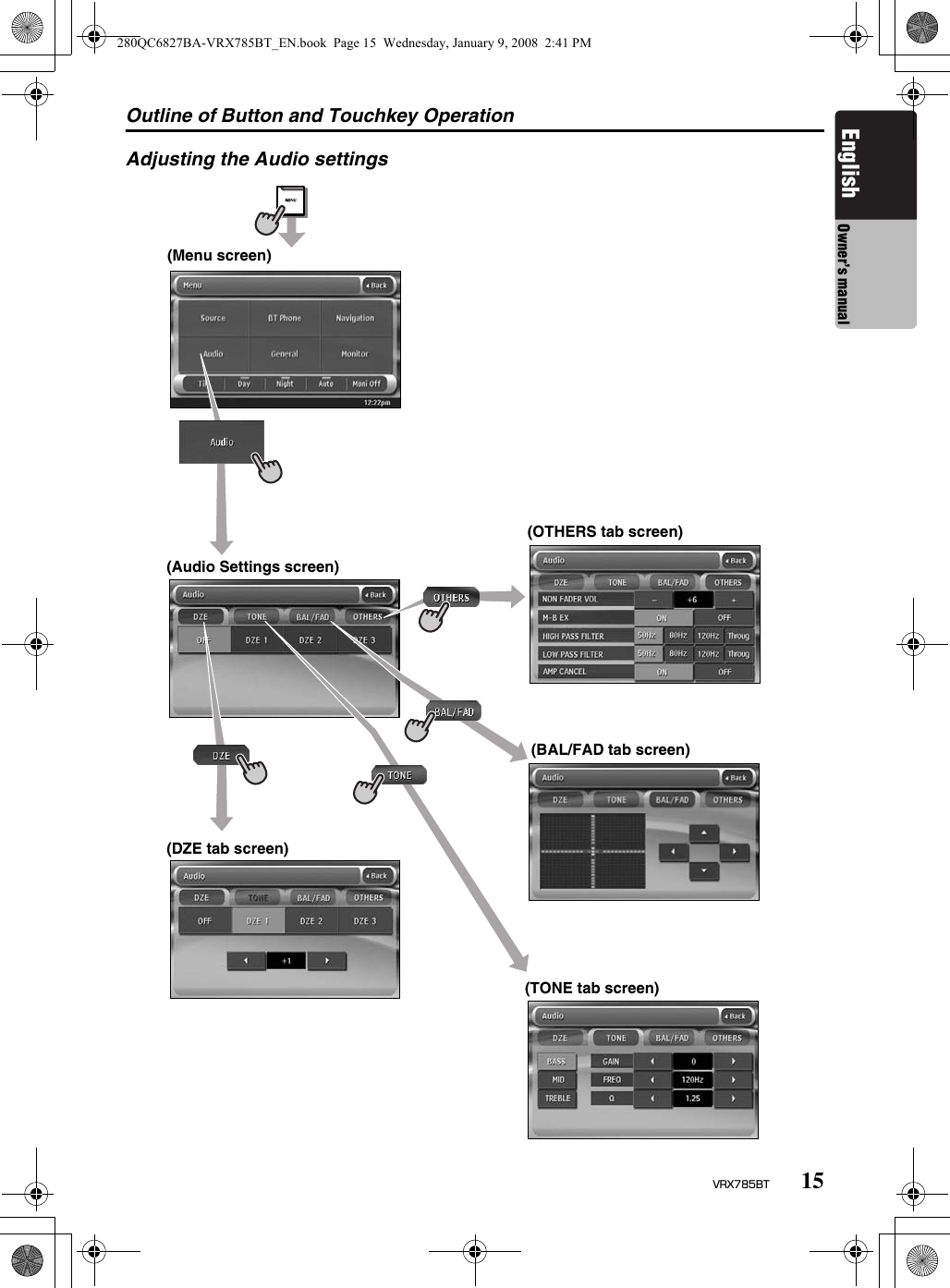 Outline of Button and Touchkey Operation15VRX785BTEnglish Owner’s manualAdjusting the Audio settings(Menu screen)(Audio Settings screen)(OTHERS tab screen)(DZE tab screen)(BAL/FAD tab screen)(TONE tab screen)280QC6827BA-VRX785BT_EN.book  Page 15  Wednesday, January 9, 2008  2:41 PM