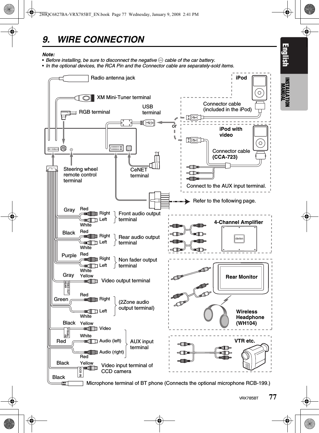 77VRX785BTEnglish INSTALLATION MANUAL9. WIRE CONNECTIONNote:•Before installing, be sure to disconnect the negative - cable of the car battery.•In the optional devices, the RCA Pin and the Connector cable are separately-sold items.Radio antenna jackXM Mini-Tuner terminalRGB terminalConnect to the AUX input terminal.oriPodConnector cable (included in the iPod)Connector cable(CCA-723)iPod with videoRefer to the following page.CeNET terminalGrayBlackPurpleGrayGreenBlackBlackRedRedWhiteRedWhiteRedWhiteYellowYellowWhiteRedYellowRightLeftRightLeftRightLeftRightLeftVideoAudio (left)Audio (right)Front audio output terminalRear audio output terminalNon fader output terminalVideo output terminal(2Zone audio output terminal)AUX input terminalVideo input terminal of CCD cameraMicrophone terminal of BT phone (Connects the optional microphone RCB-199.)4-Channel AmplifierRear MonitorWireless Headphone (WH104)VTR etc.USB terminalRedWhiteBlackSteering wheel remote control terminal280QC6827BA-VRX785BT_EN.book  Page 77  Wednesday, January 9, 2008  2:41 PM