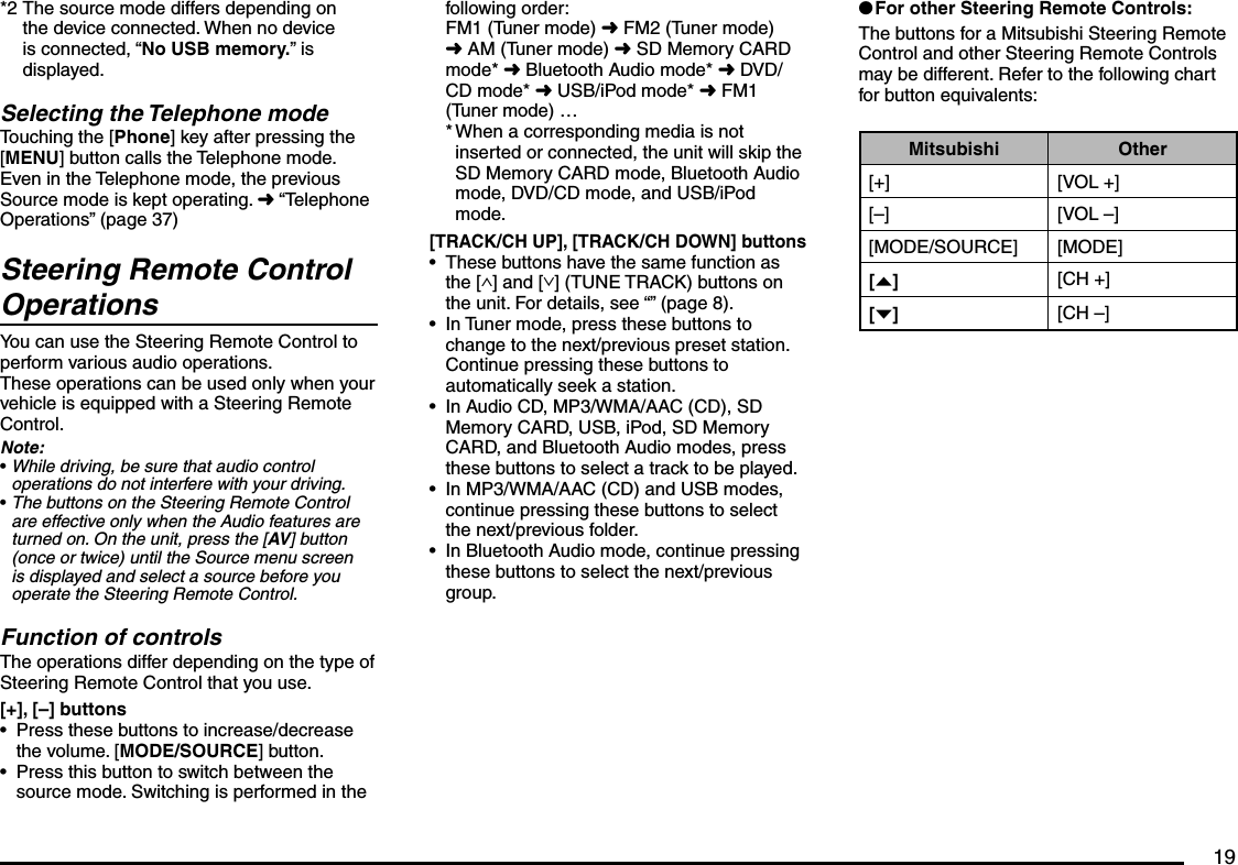 19*2 The source mode differs depending on the device connected. When no device is connected, “No USB memory.” is displayed.Selecting the Telephone modeTouching the [Phone] key after pressing the [MENU] button calls the Telephone mode. Even in the Telephone mode, the previous Source mode is kept operating. É “Telephone Operations” (page 37)Steering Remote Control OperationsYou can use the Steering Remote Control to perform various audio operations.These operations can be used only when your vehicle is equipped with a Steering Remote Control.Note:While driving, be sure that audio control operations do not interfere with your driving.The buttons on the Steering Remote Control are effective only when the Audio features are turned on. On the unit, press the [AV] button (once or twice) until the Source menu screen is displayed and select a source before you operate the Steering Remote Control.Function of controlsThe operations differ depending on the type of Steering Remote Control that you use.[+], [–] buttonsPress these buttons to increase/decrease the volume. [MODE/SOURCE] button.Press this button to switch between the source mode. Switching is performed in the ••••following order:FM1 (Tuner mode) É FM2 (Tuner mode) É AM (Tuner mode) É SD Memory CARD mode* É Bluetooth Audio mode* É DVD/CD mode* É USB/iPod mode* É FM1 (Tuner mode) …* When a corresponding media is not inserted or connected, the unit will skip the SD Memory CARD mode, Bluetooth Audio mode, DVD/CD mode, and USB/iPod mode.[TRACK/CH UP], [TRACK/CH DOWN] buttonsThese buttons have the same function as the [∧] and [∨] (TUNE TRACK) buttons on the unit. For details, see “” (page 8).In Tuner mode, press these buttons to change to the next/previous preset station. Continue pressing these buttons to automatically seek a station.In Audio CD, MP3/WMA/AAC (CD), SD Memory CARD, USB, iPod, SD Memory CARD, and Bluetooth Audio modes, press these buttons to select a track to be played.In MP3/WMA/AAC (CD) and USB modes, continue pressing these buttons to select the next/previous folder.In Bluetooth Audio mode, continue pressing these buttons to select the next/previous group.•••••For other Steering Remote Controls:The buttons for a Mitsubishi Steering Remote Control and other Steering Remote Controls may be different. Refer to the following chart for button equivalents:Mitsubishi Other[+] [VOL +][–] [VOL –][MODE/SOURCE] [MODE][{][CH +][}][CH –]l