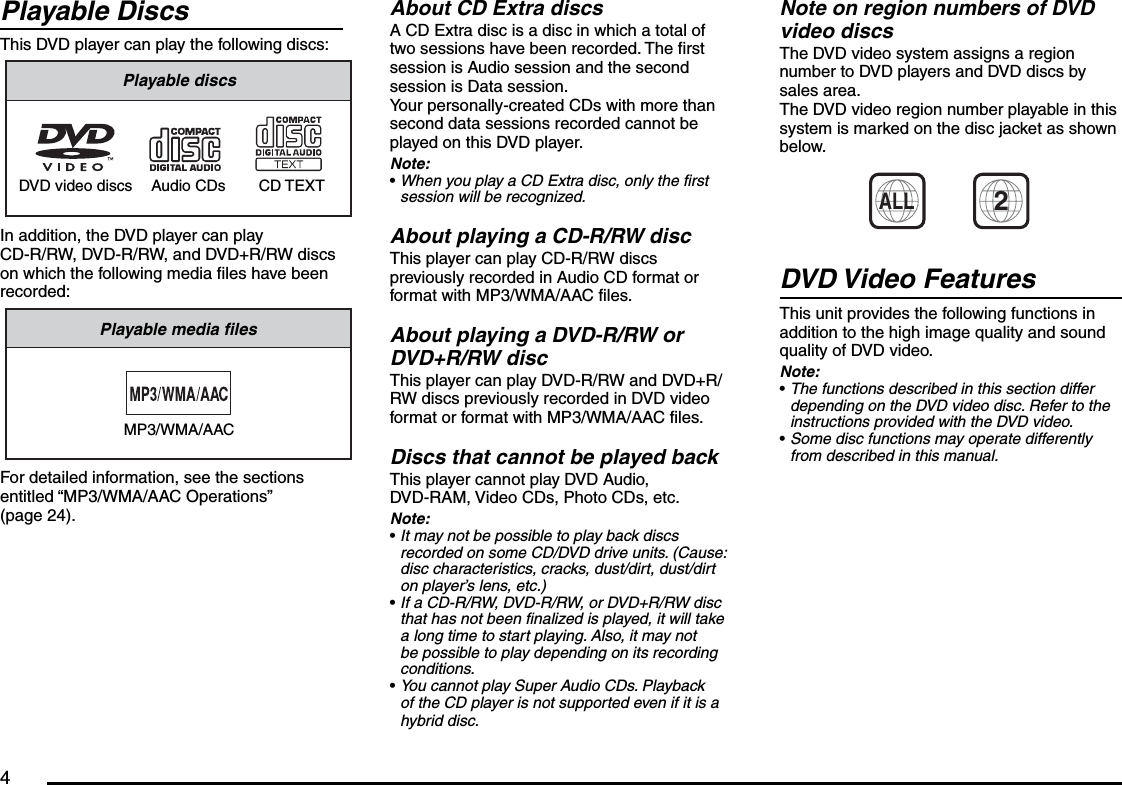 4Playable DiscsThis DVD player can play the following discs:Playable discsDVD video discs Audio CDs CD TEXTIn addition, the DVD player can play CD-R/RW, DVD-R/RW, and DVD+R/RW discs on which the following media files have been recorded:Playable media filesMP3/WMA/AACFor detailed information, see the sections entitled “MP3/WMA/AAC Operations” (page 24).About CD Extra discsA CD Extra disc is a disc in which a total of two sessions have been recorded. The first session is Audio session and the second session is Data session.Your personally-created CDs with more than second data sessions recorded cannot be played on this DVD player.Note:When you play a CD Extra disc, only the first session will be recognized.About playing a CD-R/RW discThis player can play CD-R/RW discs previously recorded in Audio CD format or format with MP3/WMA/AAC files.About playing a DVD-R/RW or DVD+R/RW discThis player can play DVD-R/RW and DVD+R/RW discs previously recorded in DVD video format or format with MP3/WMA/AAC files.Discs that cannot be played backThis player cannot play DVD Audio, DVD-RAM, Video CDs, Photo CDs, etc.Note:It may not be possible to play back discs recorded on some CD/DVD drive units. (Cause: disc characteristics, cracks, dust/dirt, dust/dirt on player’s lens, etc.)If a CD-R/RW, DVD-R/RW, or DVD+R/RW disc that has not been finalized is played, it will take a long time to start playing. Also, it may not be possible to play depending on its recording conditions.You cannot play Super Audio CDs. Playback of the CD player is not supported even if it is a hybrid disc.••••Note on region numbers of DVD video discsThe DVD video system assigns a region number to DVD players and DVD discs by sales area.The DVD video region number playable in this system is marked on the disc jacket as shown below.ALL2DVD Video FeaturesThis unit provides the following functions in addition to the high image quality and sound quality of DVD video.Note:The functions described in this section differ depending on the DVD video disc. Refer to the instructions provided with the DVD video.Some disc functions may operate differently from described in this manual.••