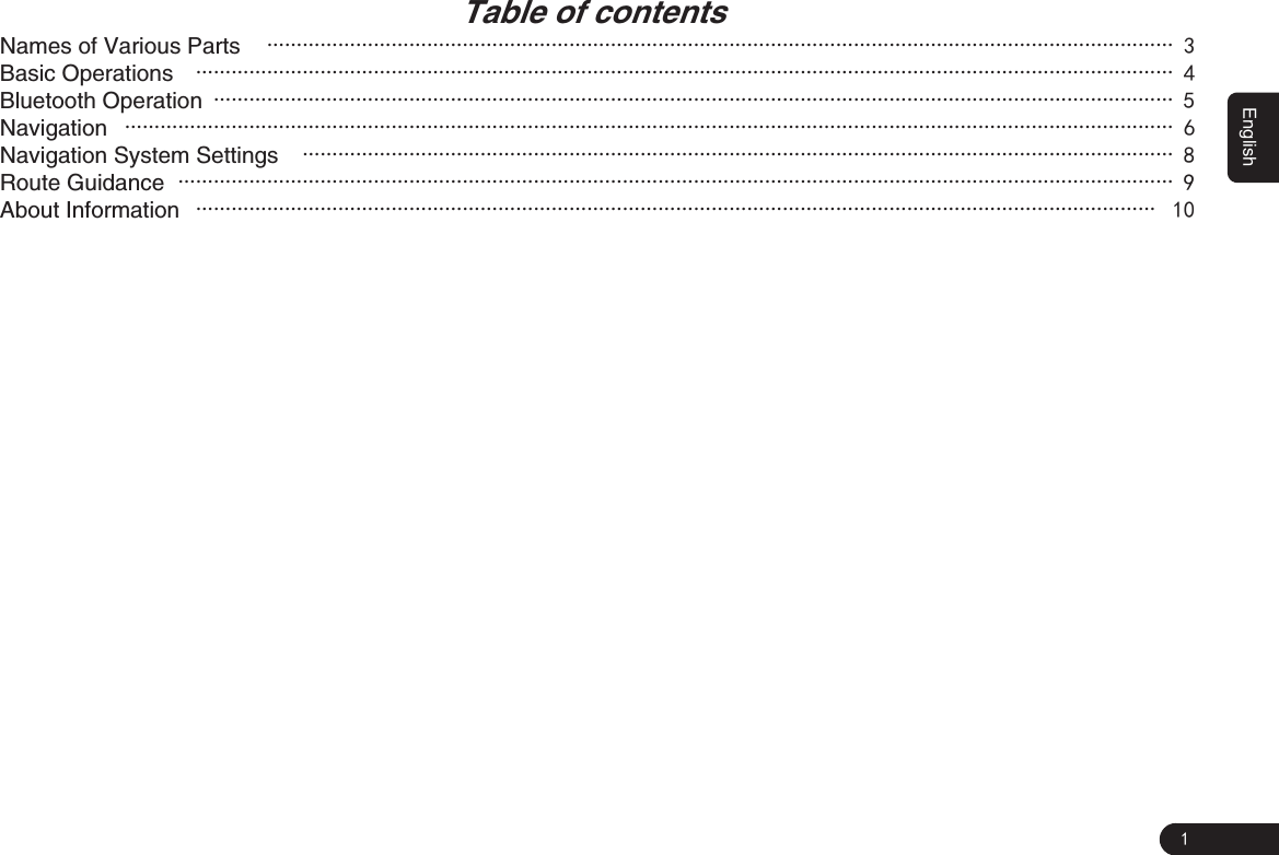 1EnglishTable of contentsNames of Various Parts  ��������������������������������������������������� 3Basic Operations  ������������������������������������������������������� 4Bluetooth Operation  ������������������������������������������������������ 5Navigation  ����������������������������������������������������������� 6Navigation System Settings  ������������������������������������������������� 8Route Guidance  �������������������������������������������������������� 9About Information  ������������������������������������������������������ 10