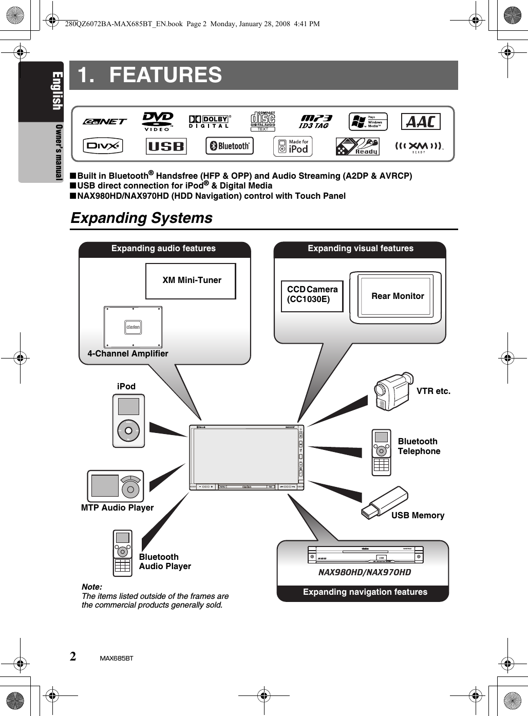 2MAX685BTEnglish Owner’s manual1. FEATURES■Built in Bluetooth® Handsfree (HFP &amp; OPP) and Audio Streaming (A2DP &amp; AVRCP)■USB direct connection for iPod® &amp; Digital Media■NAX980HD/NAX970HD (HDD Navigation) control with Touch PanelExpanding SystemsNAX980HD/NAX970HDExpanding audio featuresXM Mini-Tuner4-Channel AmplifierCCD Camera (CC1030E) Rear MonitorExpanding navigation featuresiPodMTP Audio Player USB MemoryBluetooth Audio PlayerBluetooth TelephoneVTR etc.Note:The items listed outside of the frames are the commercial products generally sold.Expanding visual features280QZ6072BA-MAX685BT_EN.book  Page 2  Monday, January 28, 2008  4:41 PM