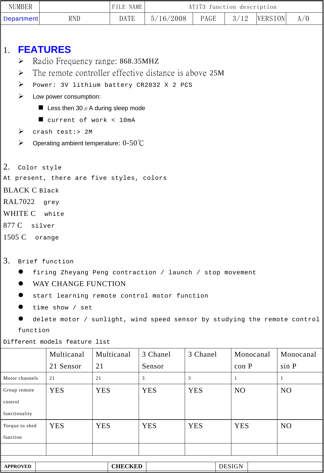 NUMBER    FILE NAME AT173 function description Department RND  DATE  5/16/2008  PAGE  3/12  VERSION A/0  APPROVED  CHECKED  DESIGN      1. FEATURES  &frac34; Radio Frequency range: 868.35MHZ &frac34; The remote controller effective distance is above 25M   &frac34; Power: 3V lithium battery CR2032 X 2 PCS &frac34; Low power consumption:  Less then 30&mu;A during sleep mode  current of work < 10mA &frac34; crash test:> 2M &frac34; Operating ambient temperature: 0-50℃  2. Color style At present, there are five styles, colors BLACK C Black RAL7022  grey WHITE C    white 877 C    silver 1505 C    orange  3. Brief function z firing Zheyang Peng contraction / launch / stop movement z WAY CHANGE FUNCTION z start learning remote control motor function z time show / set z delete motor / sunlight, wind speed sensor by studying the remote control function Different models feature list  Multicanal 21 Sensor Multicanal 21 3 Chanel Sensor 3 Chanel    Monocanal con P Monocanal sin P Motor channels 21 21 3 3 1 1 Group remote control functionality YES YES YES YES NO  NO Torque to shed function YES YES YES YES YES NO        
