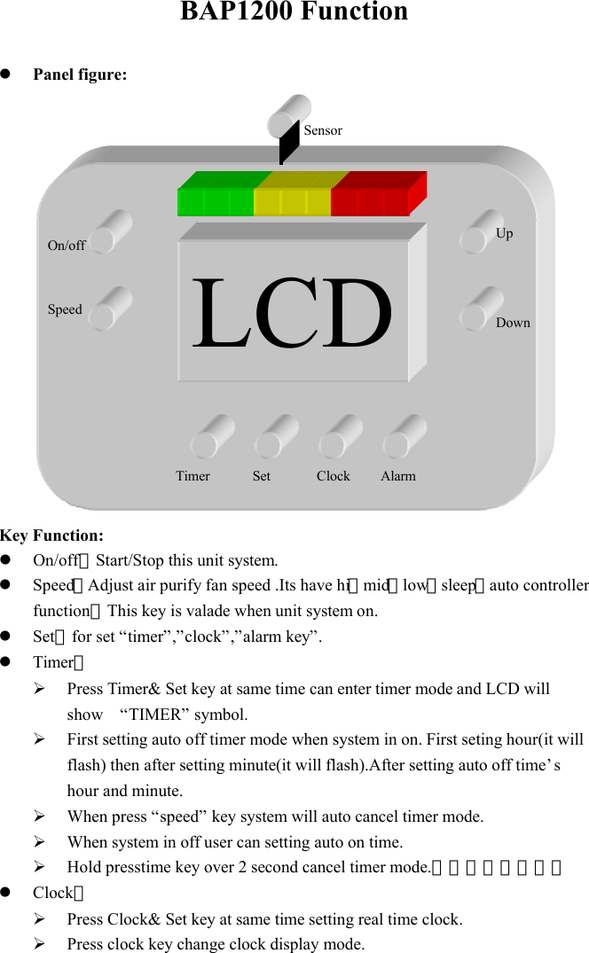BAP1200 Function  l Panel figure:                  Key Function: l On/off：Start/Stop this unit system. l Speed：Adjust air purify fan speed .Its have hi，mid，low，sleep，auto controller function，This key is valade when unit system on. l Set：for set &ldquo;timer&rdquo;,&rdquo;clock&rdquo;,&rdquo;alarm key&rdquo;. l Timer： &Oslash; Press Timer&amp; Set key at same time can enter timer mode and LCD will show  &ldquo;TIMER&rdquo; symbol. &Oslash; First setting auto off timer mode when system in on. First seting hour(it will flash) then after setting minute(it will flash).After setting auto off time&rsquo;s hour and minute. &Oslash; When press &ldquo;speed&rdquo; key system will auto cancel timer mode. &Oslash; When system in off user can setting auto on time. &Oslash; Hold presstime key over 2 second cancel timer mode.可取消定時功能。 l Clock： &Oslash; Press Clock&amp; Set key at same time setting real time clock. &Oslash; Press clock key change clock display mode. LCD On/off Speed Timer Set Clock Alarm Down Up Sensor 