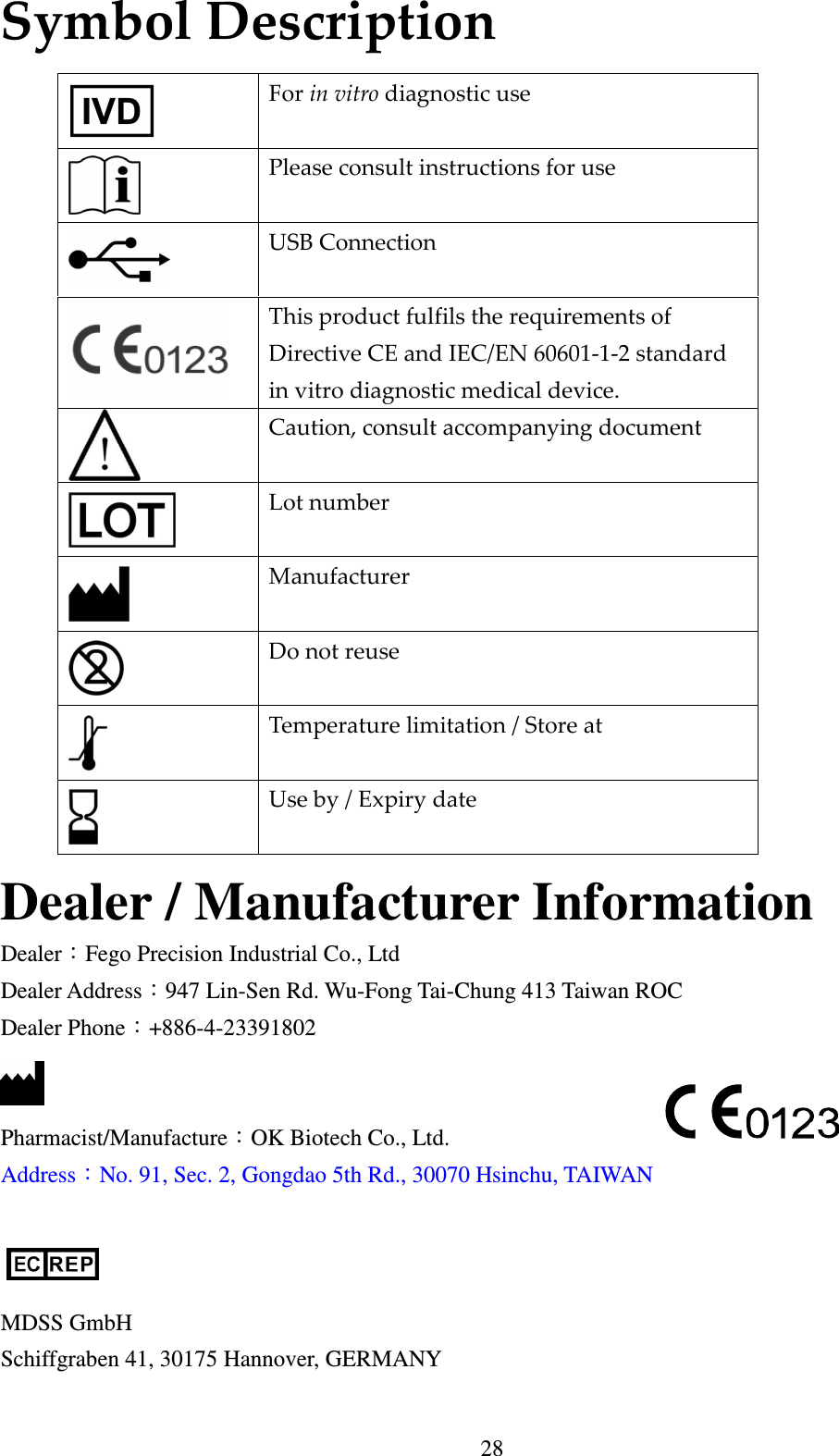 28 Symbol Description                       Dealer / Manufacturer Information Dealer：Fego Precision Industrial Co., Ltd Dealer Address：947 Lin-Sen Rd. Wu-Fong Tai-Chung 413 Taiwan ROC Dealer Phone：+886-4-23391802    Pharmacist/Manufacture：OK Biotech Co., Ltd. Address：No. 91, Sec. 2, Gongdao 5th Rd., 30070 Hsinchu, TAIWAN       MDSS GmbH Schiffgraben 41, 30175 Hannover, GERMANY  For in vitro diagnostic use  Please consult instructions for use  USB Connection  This product fulfils the requirements of Directive CE and IEC/EN 60601-1-2 standard in vitro diagnostic medical device.  Caution, consult accompanying document  Lot number  Manufacturer  Do not reuse  Temperature limitation / Store at  Use by / Expiry date 