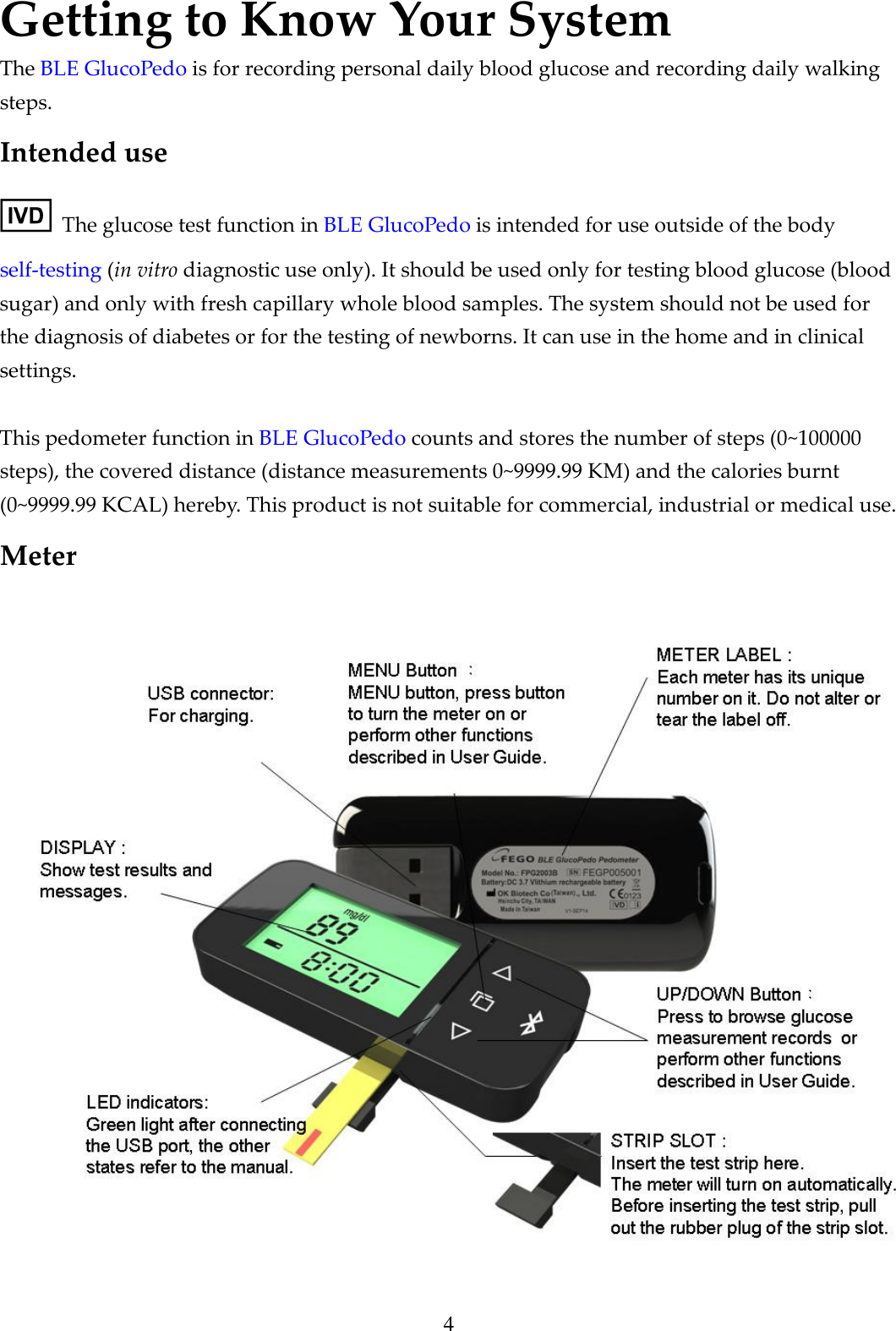 4 Getting to Know Your System The BLE GlucoPedo is for recording personal daily blood glucose and recording daily walking steps.   Intended use   The glucose test function in BLE GlucoPedo is intended for use outside of the body self-testing (in vitro diagnostic use only). It should be used only for testing blood glucose (blood sugar) and only with fresh capillary whole blood samples. The system should not be used for the diagnosis of diabetes or for the testing of newborns. It can use in the home and in clinical settings.    This pedometer function in BLE GlucoPedo counts and stores the number of steps (0~100000 steps), the covered distance (distance measurements 0~9999.99 KM) and the calories burnt (0~9999.99 KCAL) hereby. This product is not suitable for commercial, industrial or medical use. Meter  