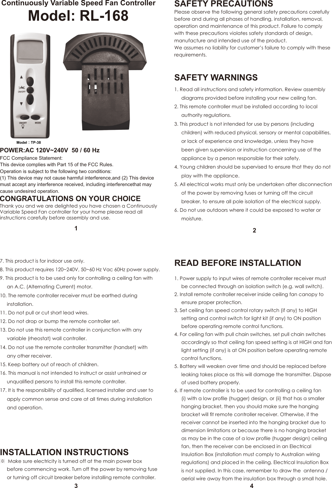 Page 1 of Fego Precision Co TP38 Transmiter User Manual RL168                    