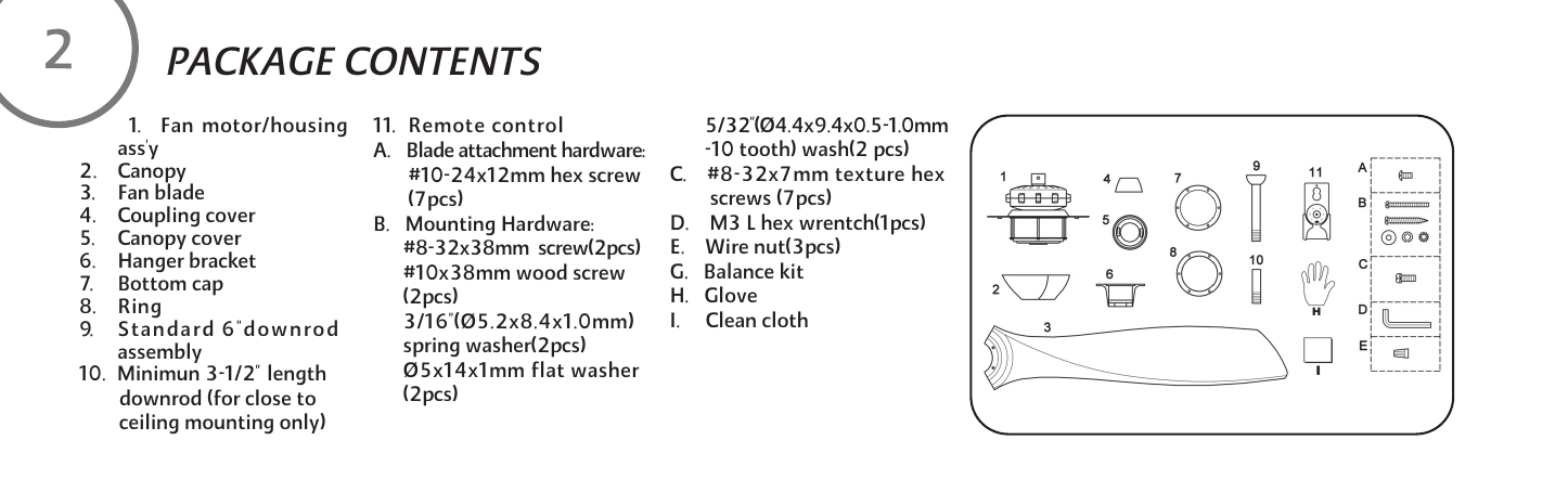 1. Fan motor/housingass'y2. Canopy3. Fan blade4. Coupling cover5. Canopy cover6. Hanger bracket7. Bottom cap9. Standard 6"downrodassembly8. Ring10. Minimun 3-1/2" length        downrod (for close to         ceiling mounting only)11. Remote control2PACKAGE CONTENTSA.   Blade attachment hardware:       #10-24x12mm hex screw       (7pcs)B.   Mounting Hardware:      #8-32x38mm  screw(2pcs)      #10x38mm wood screw      (2pcs)      3/16"(&Oslash;5.2x8.4x1.0mm)       spring washer(2pcs)      &Oslash;5x14x1mm flat washer      (2pcs)       5/32"(&Oslash;4.4x9.4x0.5-1.0mm       -10 tooth) wash(2 pcs)C.    #8-32x7mm texture hex         screws (7pcs)D.    M3 L hex wrentch(1pcs)E.    Wire nut(3pcs)G.   Balance kitH.   GloveI.     Clean cloth