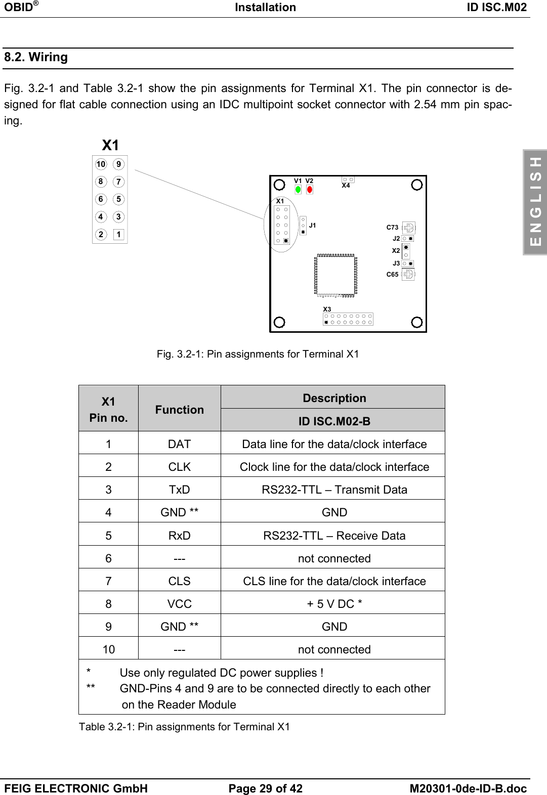 OBID®Installation ID ISC.M02FEIG ELECTRONIC GmbH Page 29 of 42 M20301-0de-ID-B.docE N G L I S H8.2. WiringFig. 3.2-1 and Table 3.2-1 show the pin assignments for Terminal X1. The pin connector is de-signed for flat cable connection using an IDC multipoint socket connector with 2.54 mm pin spac-ing.Fig. 3.2-1: Pin assignments for Terminal X1DescriptionX1Pin no. Function ID ISC.M02-B1 DAT Data line for the data/clock interface2 CLK Clock line for the data/clock interface3 TxD RS232-TTL – Transmit Data4 GND ** GND5 RxD RS232-TTL – Receive Data6 --- not connected7 CLS CLS line for the data/clock interface8 VCC + 5 V DC *9 GND ** GND10 --- not connected*  Use only regulated DC power supplies !**  GND-Pins 4 and 9 are to be connected directly to each other           on the Reader ModuleTable 3.2-1: Pin assignments for Terminal X1X1J1V2V1C65X112435796810J2J3X2X3X4C73
